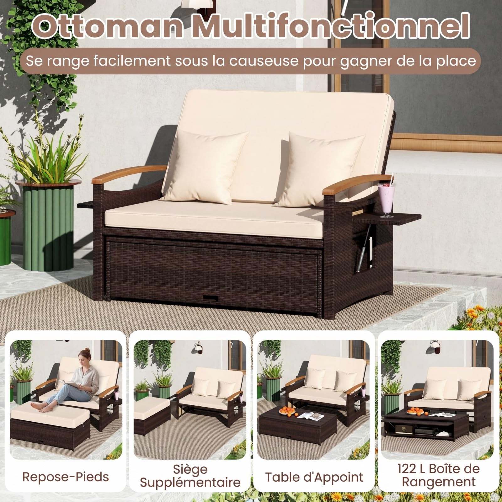 COSTWAY Salon de Jardin en Rotin avec Ottoman de Rangement, Bain de Soleil avec Plateau Latéral Rétractable Dossier Réglable sur 4 Niveaux, Canapé à 2 Places pour Jardin Patio Piscine (Marron+Beige)