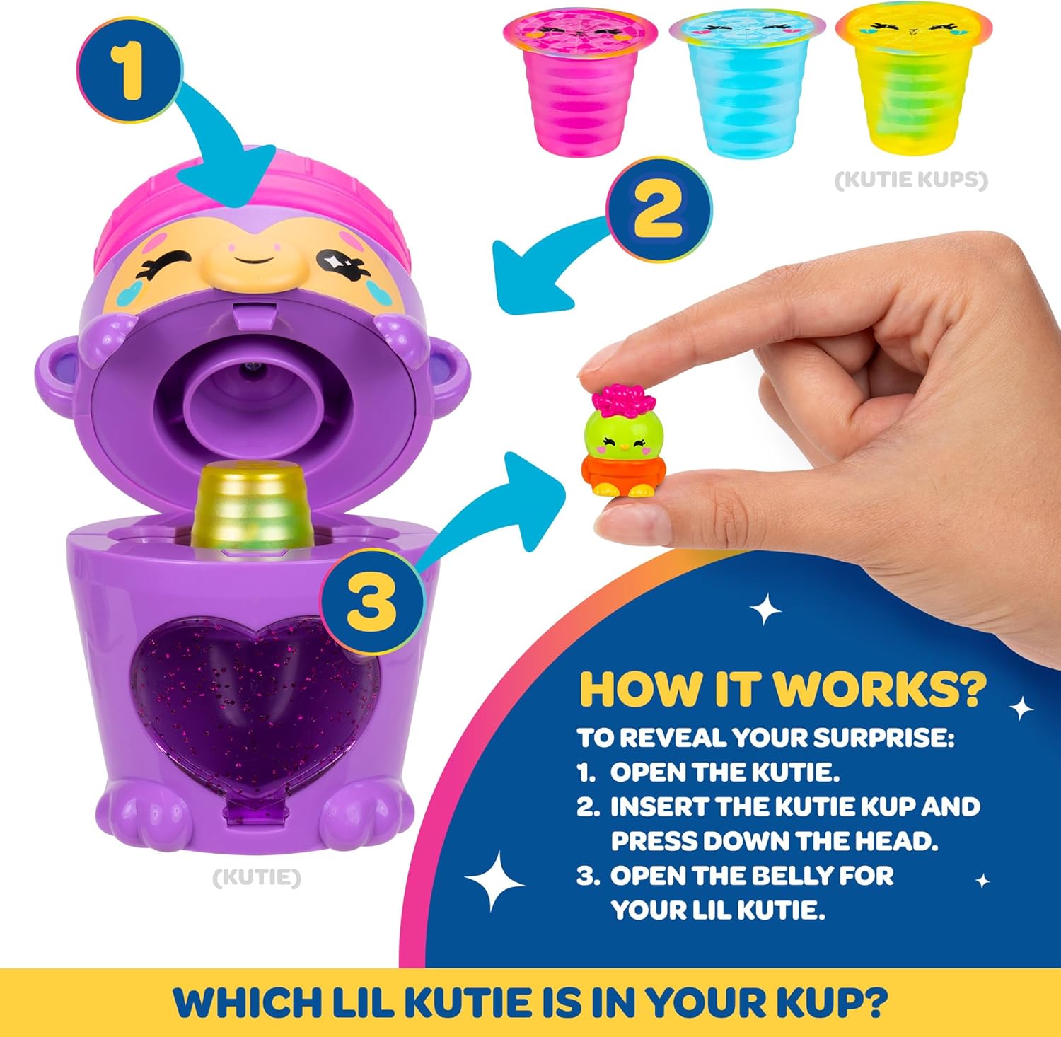 4” Purple Water Bottle Monkey Kutie with 3 Kups Featuring 1.5” Surprise Collectible Lil Kutie Figures - Ages 5+