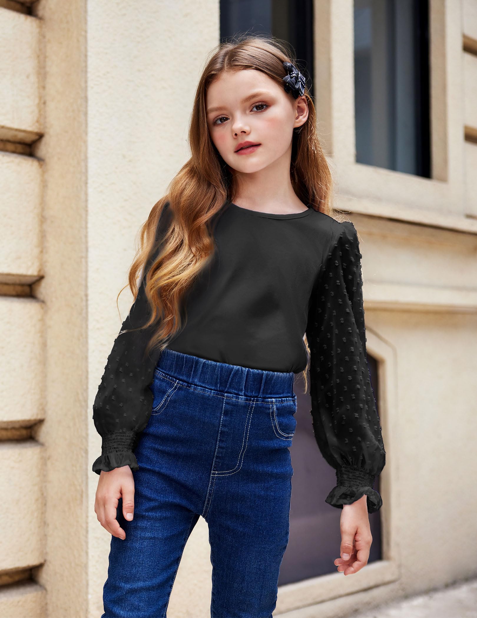 Arshiner Camicia a Maniche Lunghe da Ragazza con Polsini con Volant a Punto Smock, Pois svizzeri, Magliette per Bambini, graziosa Camicetta Girocollo per Ragazze 5-12 Anni
