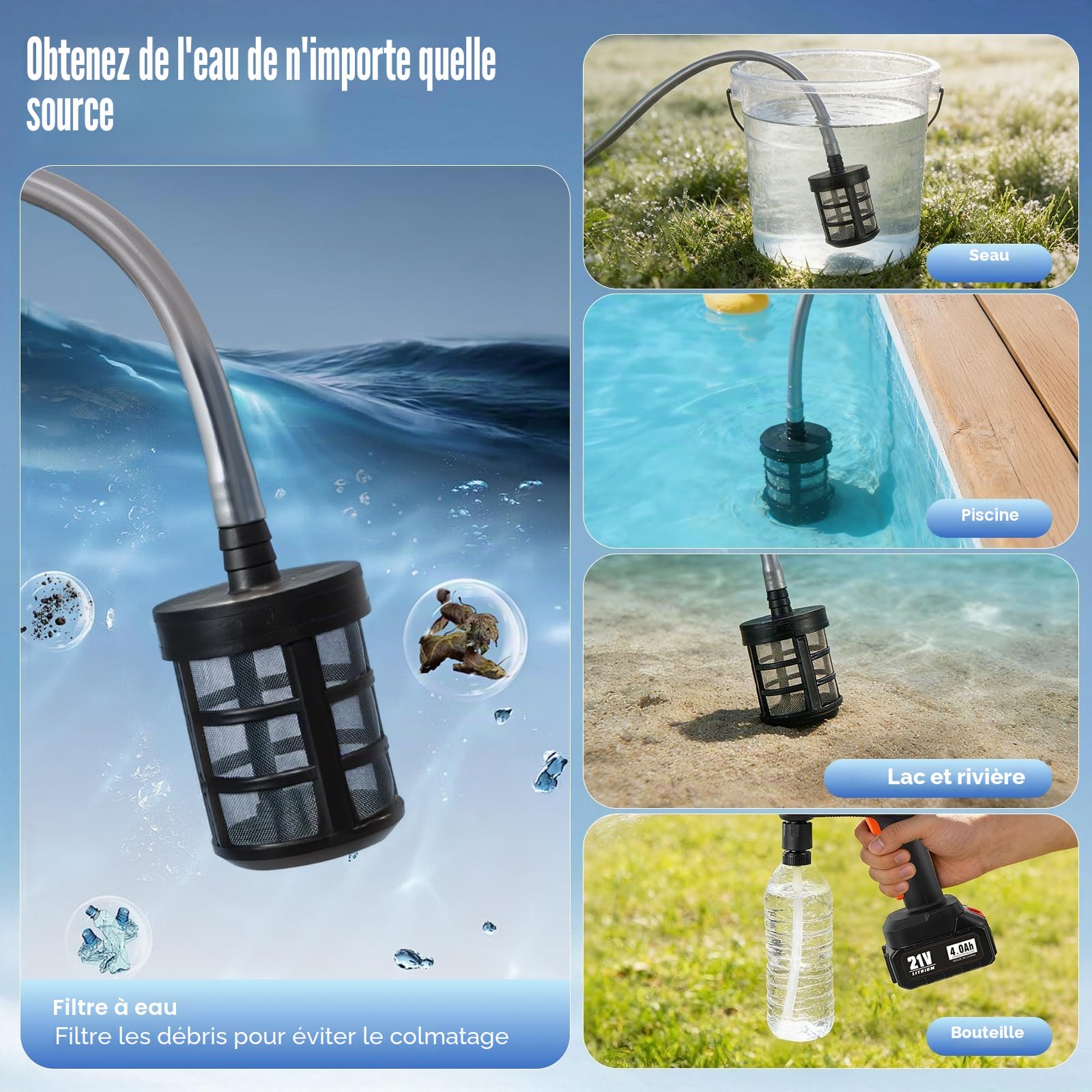 Nettoyeur Haute Pression sans Fil, 69 Bars, Portable, avec 2 Batteries de 4000 mAh, buse réglable 6 en 1, Nettoyage Ultra-Puissant, Tuyau de 7 mètres pour Le Nettoyage de la Voiture et du Jardin