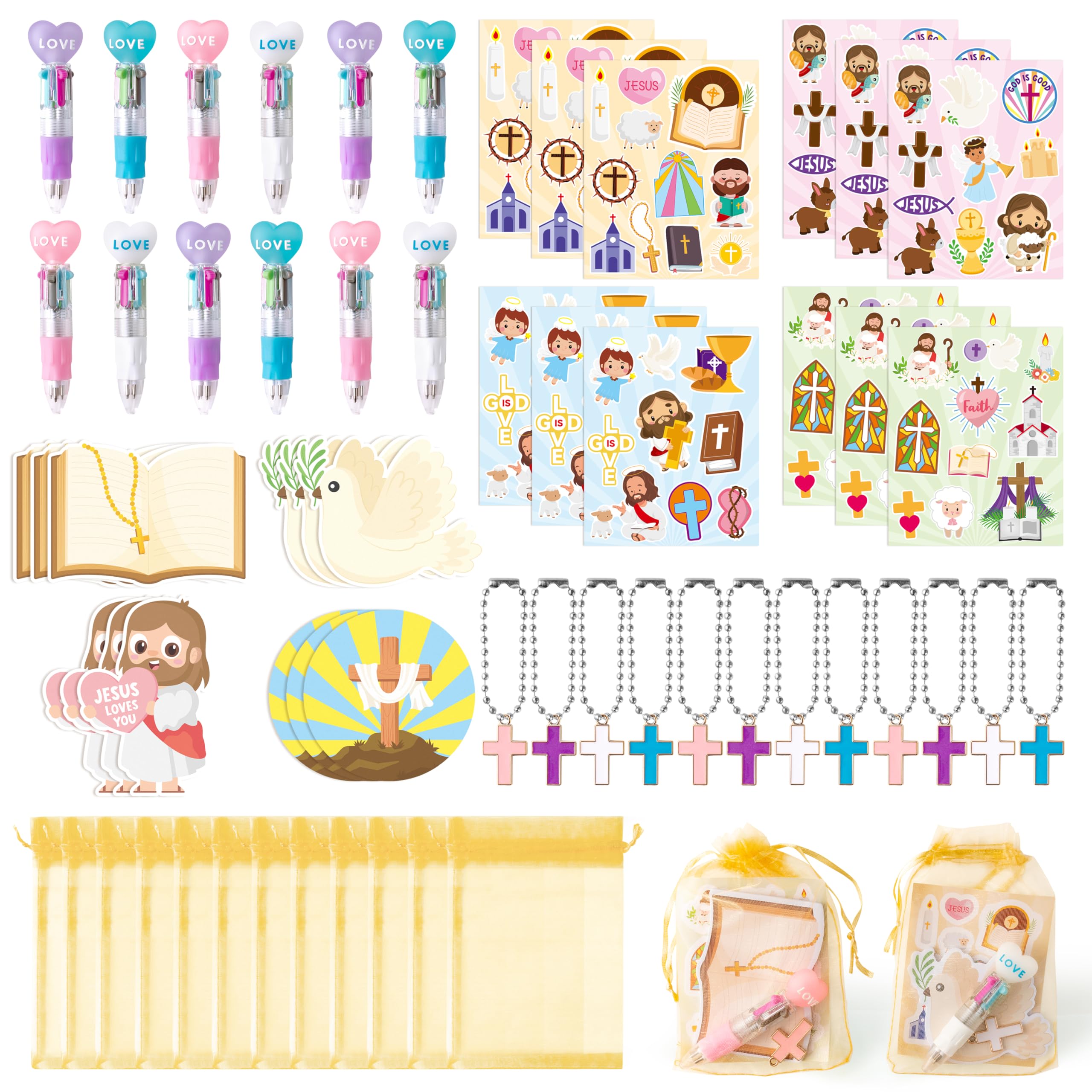CY2SIDE Religious Stationery Party Gift - 24 Pack Christian Stationery Gift Set Include 4-in-1 Ballpoint Pen Sticky Note Sticker Cross Keychain and