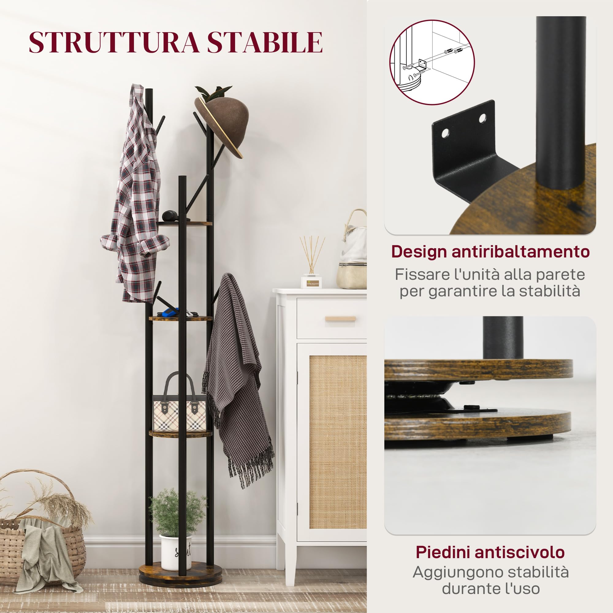 HOMCOM Appendiabiti da Terra Girevole con 8 Ganci e 4 Mensole, Attaccapanni Stile Industriale per Ingresso e Camera, Ø30x175cm, Marrone