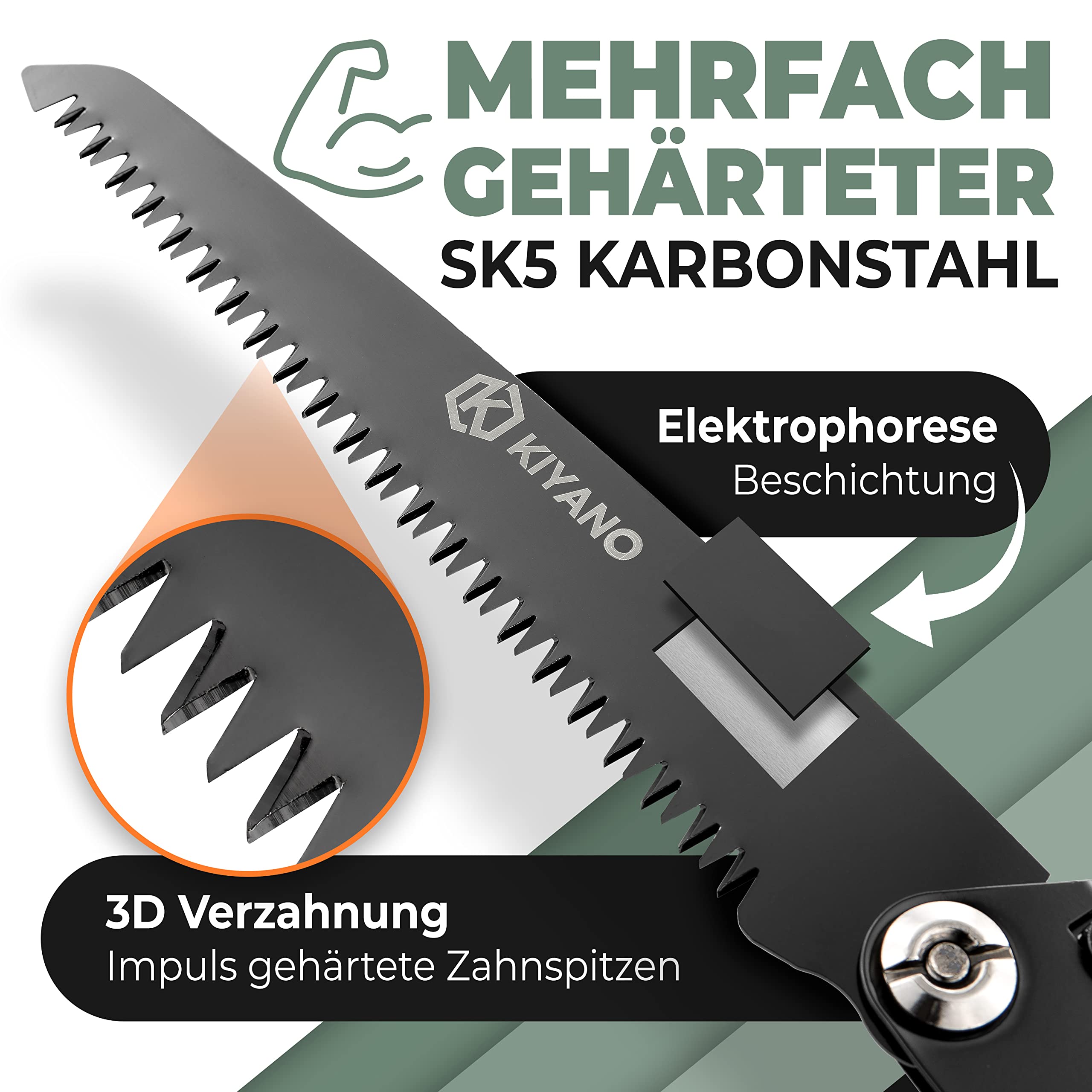 KIYANO® Sierra plegable premium para exteriores/podar con bloqueo de seguridad, incluye mosquetón táctico (210 mm), sierra de mano de madera de acero al carbono SK5, para Bushcraft, supervivencia,