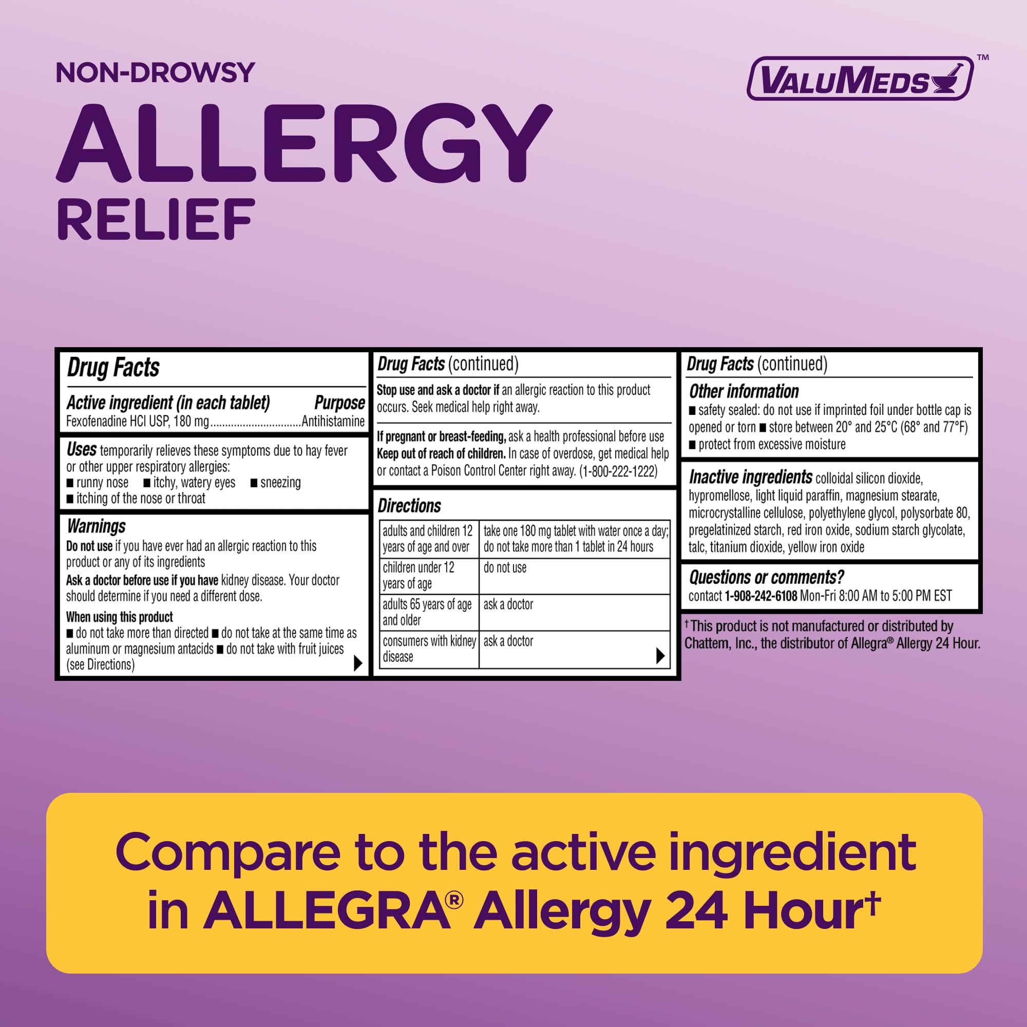 ValuMeds | Compare to Allegra | Fexofenadine HCl 180mg | 24-Hour Allergy Relief, Non-Drowsy Antihistamine Generic Medicine for Allergies, Hay Fever, Itchy Eyes | for Kids & Adults (100 Count) — Amazon image 7