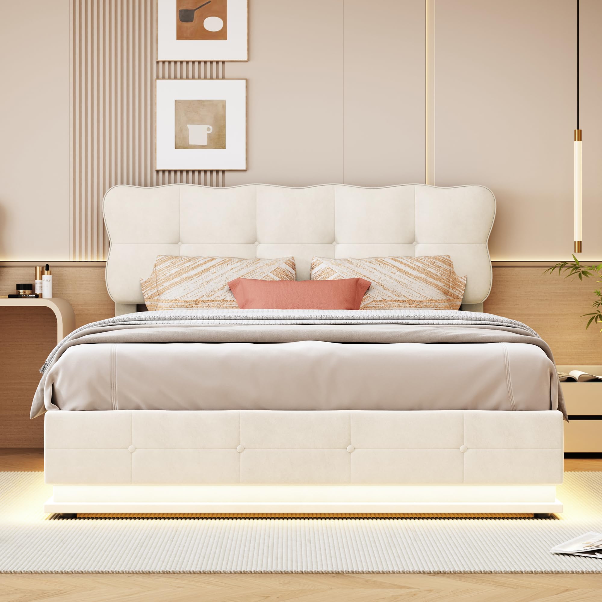BRILVERDE Cama Tapizada 140x200 con Almacenamiento hidráulico, Cama matrimonial con Toma USB y luz LED, Cabecero Acolchado y Base de Láminas, Terciopelo (Beige, 140 x 200 cm)