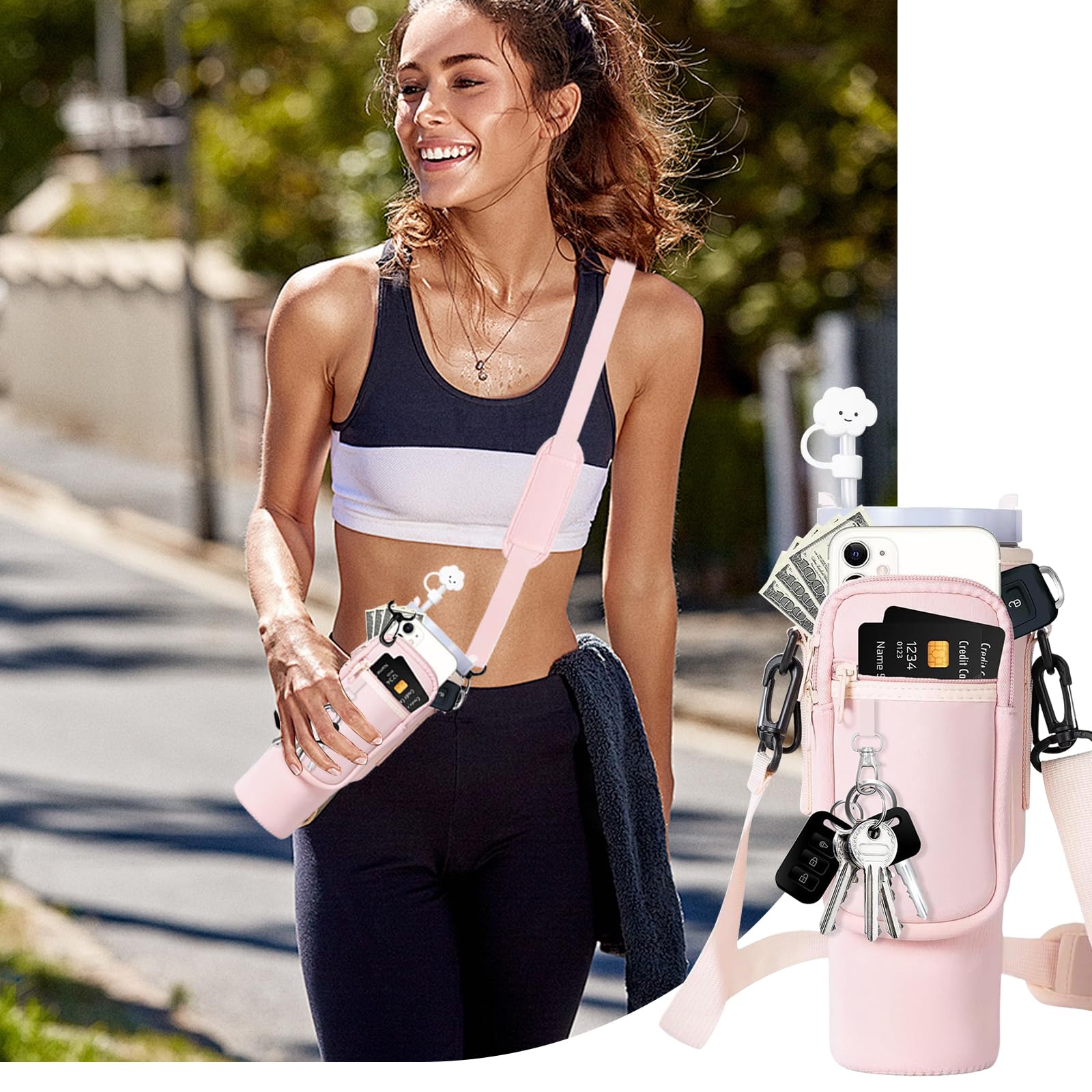 40oz Stanley Cup Accessori, Porta Borraccia Tracolla per Stanley, Accessori Stanley Cup, con Scomparto per Cellulare e Tracolla Regolabile, per Escursioni, Corsa, Ciclismo
