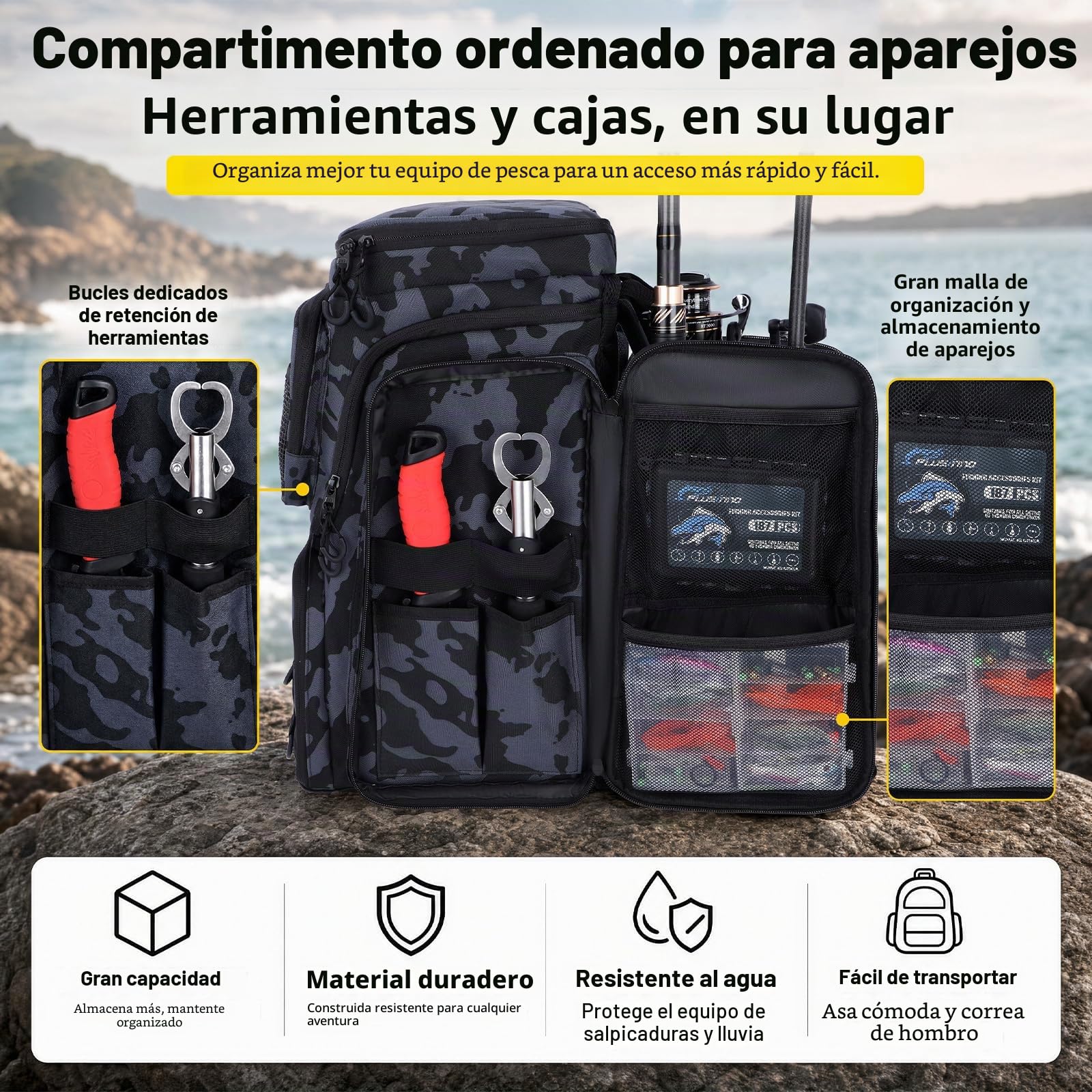 PLUSINNO Mochila para Aparejos de Pesca con Soportes para caña de Pescar, Camuflaje Negro.