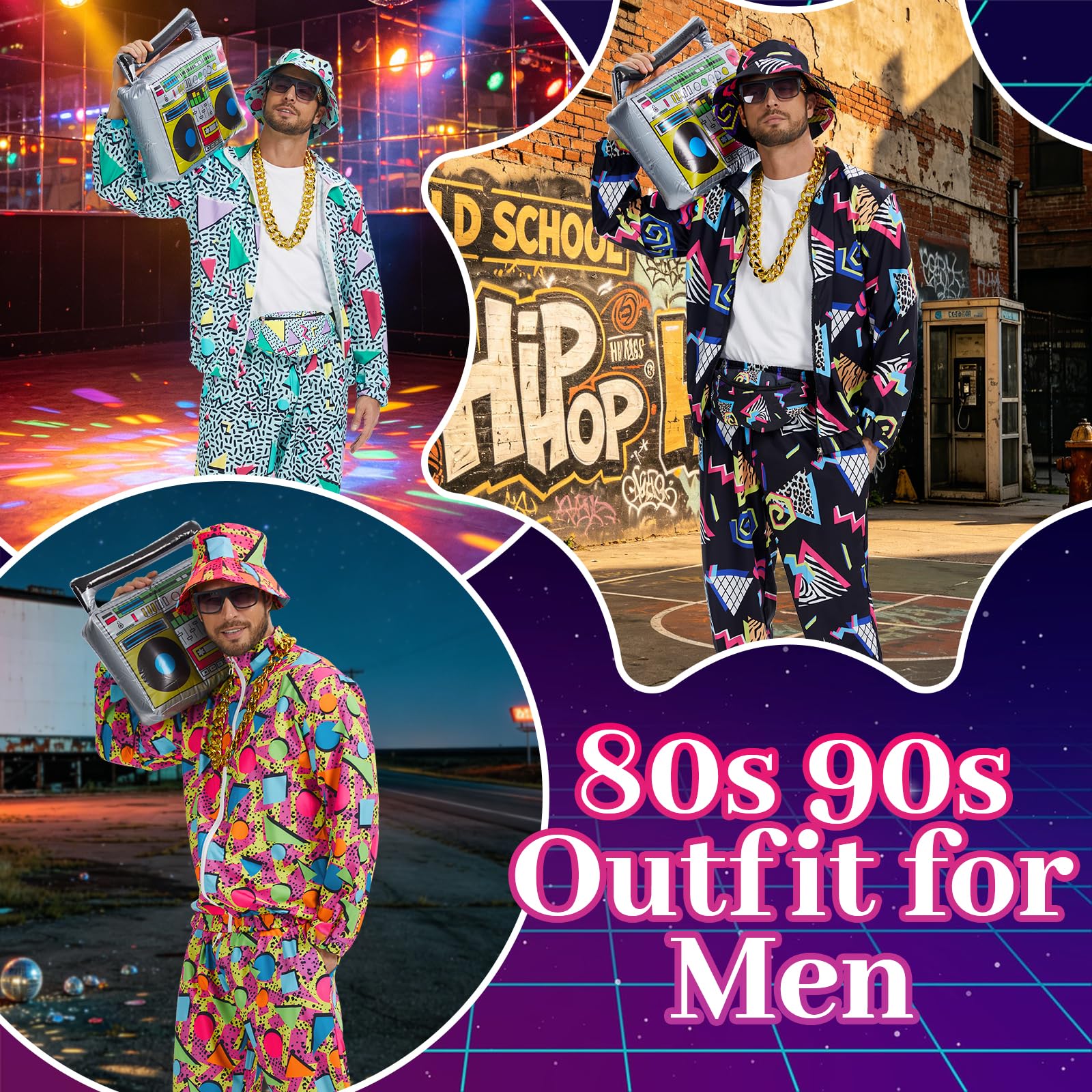 Completo da uomo anni '80 e '90, tuta con accessori per costume hip hop, set per feste a tema Halloween anni '80.