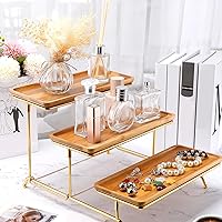 Vista 7 de Thyle Juego de 2 bandejas de servir de 3 niveles rectangulares de bambú escalonadas, juego de exhibición de mesa de postre con 4 pinzas y estante