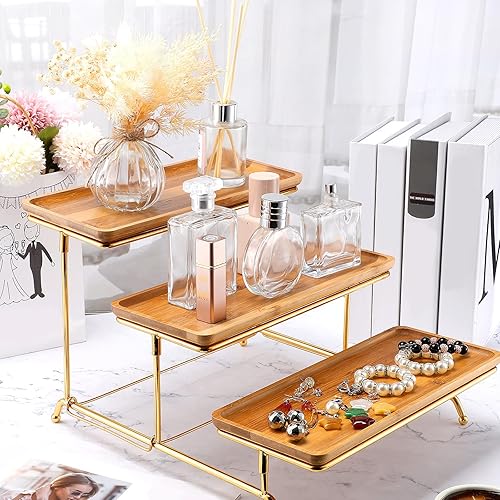 Miniatura 7 de Thyle Juego de 2 bandejas de servir de 3 niveles rectangulares de bambú escalonadas, juego de exhibición de mesa de postre con 4 pinzas y estante de