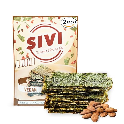SIVI Snacks de algas marinas con relleno de almendras, paquete de 2, veganos, a base de plantas, con alto contenido de proteínas y sin gluten con