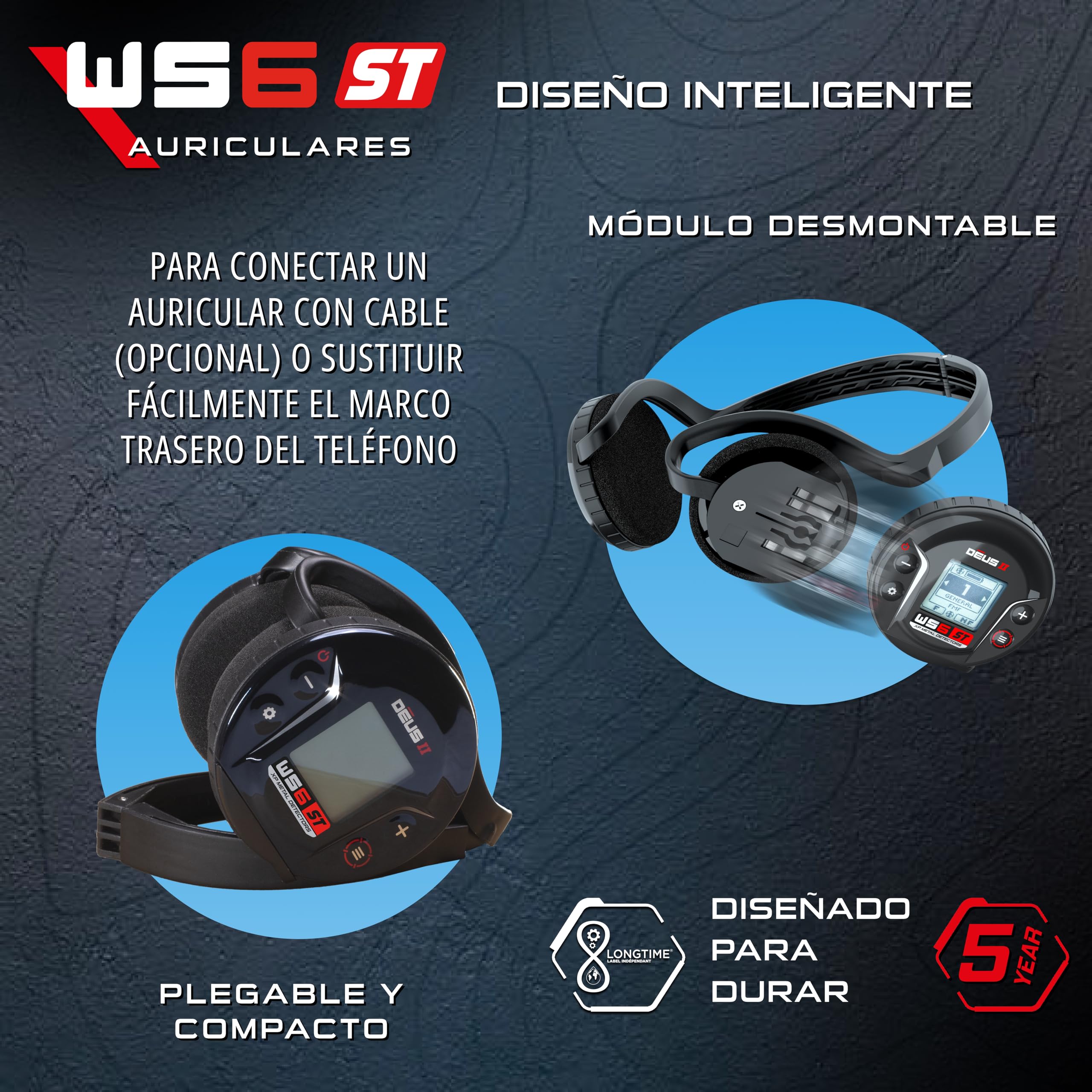 XP Metal Detectors WS6 ST Auriculares Stereo inalámbricos ultrarrápidos y Mando para controlar el Deus II, diseño Compacto e Inteligente, ergonómicos, Ligeros, Resistentes a la Lluvia (WS6ST)