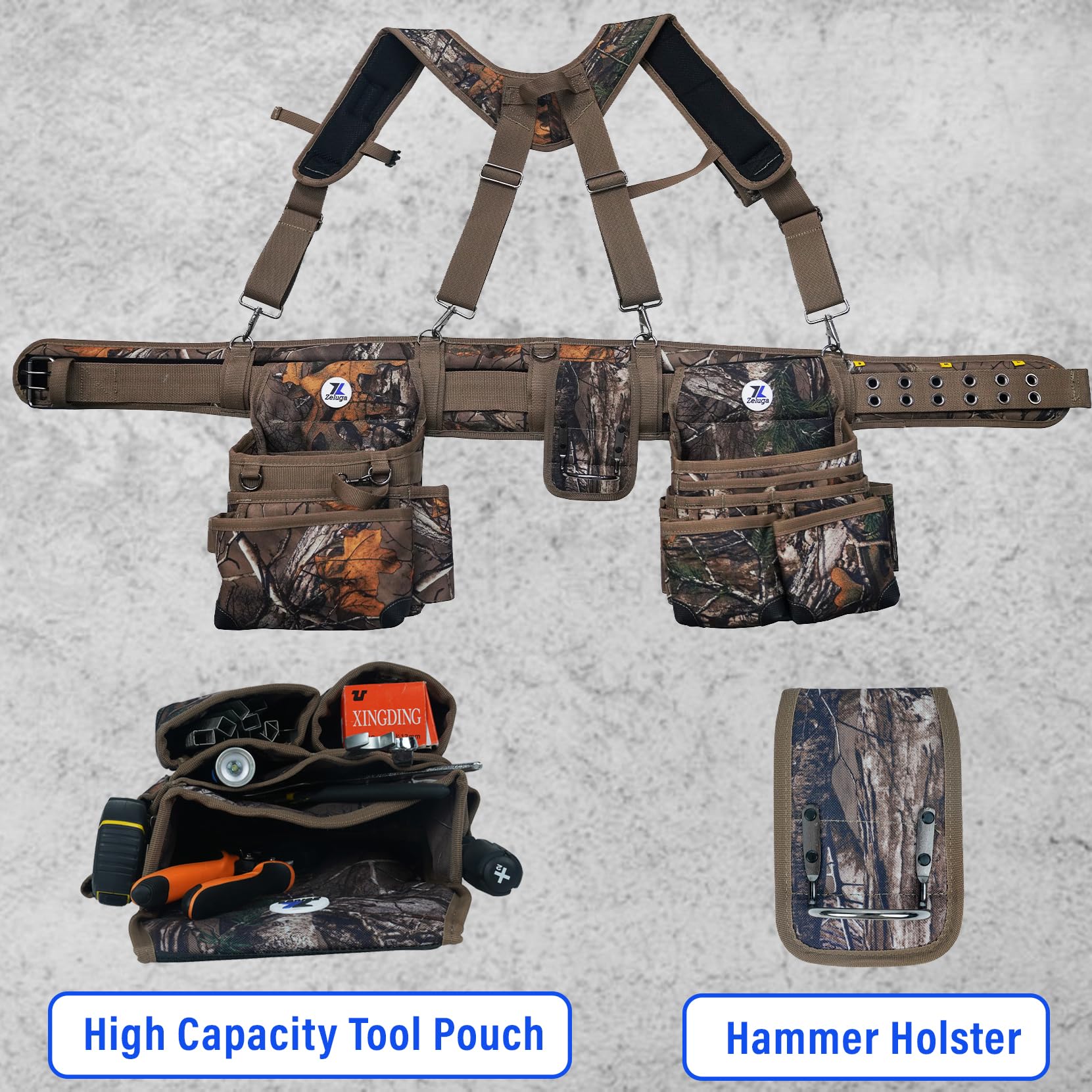 Zeluga 20-523 cinturones de herramientas con bolsillos grandes para hombres con tirantes, cinturón de herramientas acolchado de 4 pulgadas, funda de martillo de acero, bolsa de herramientas de