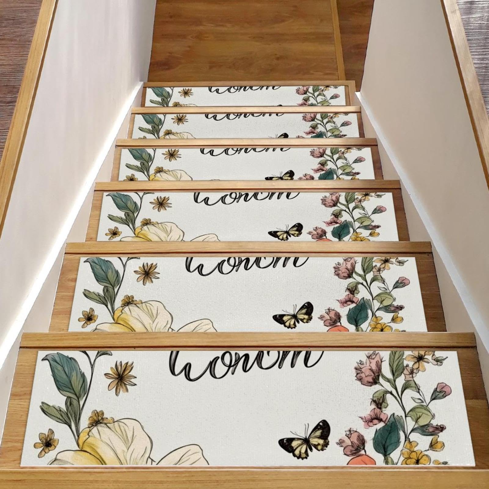 Tapis d'escalier antidérapants 20,3x76,2cm pour marche bois avec stickers papillons