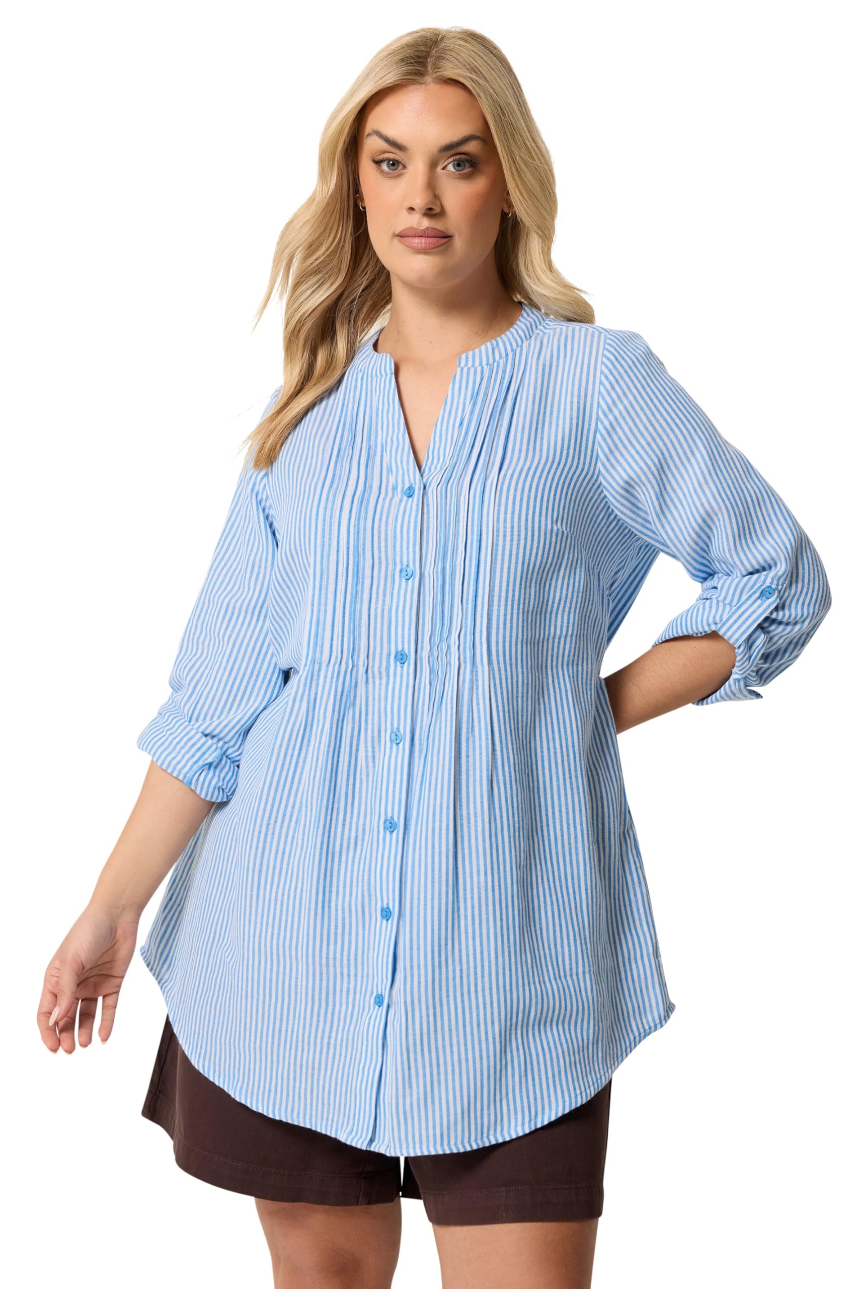 Yours Curve Blue Stripe Pintuck Shirt - Women's - Plus Size Curve