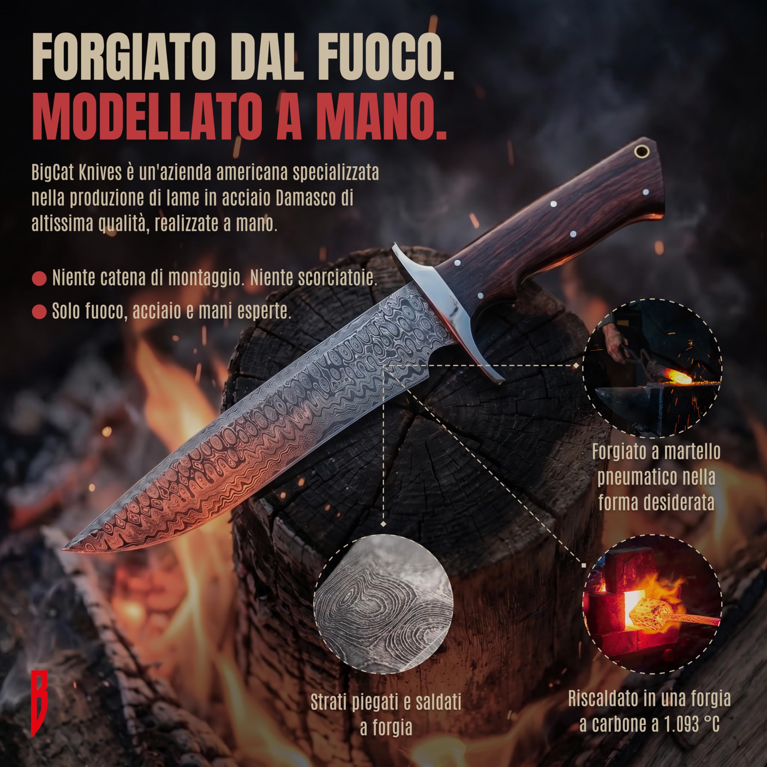 BIGCAT ROAR Patriot - Coltello da Caccia in Acciaio Damasco 35 6 cm - Manico in Legno di Noce e Fodero in Cuoio - Bushcraft Campeggio Sopravvivenza - Regalo Uomo Cacciatore o Collezionista
