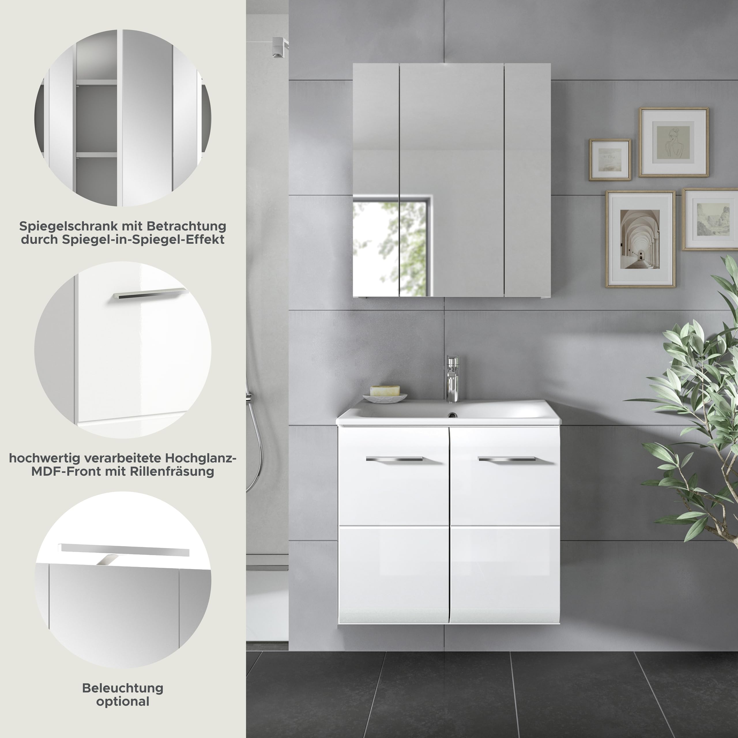 xonox.home – 2 TLG. Stilvolle Badmöbel-Kombination Ice 60x185x46 cm in Korpus weiß Nachbildung und Front weiß Hochglanz – modernes Set für Dein Bad – edel & leicht zu reinigen – Bild 9