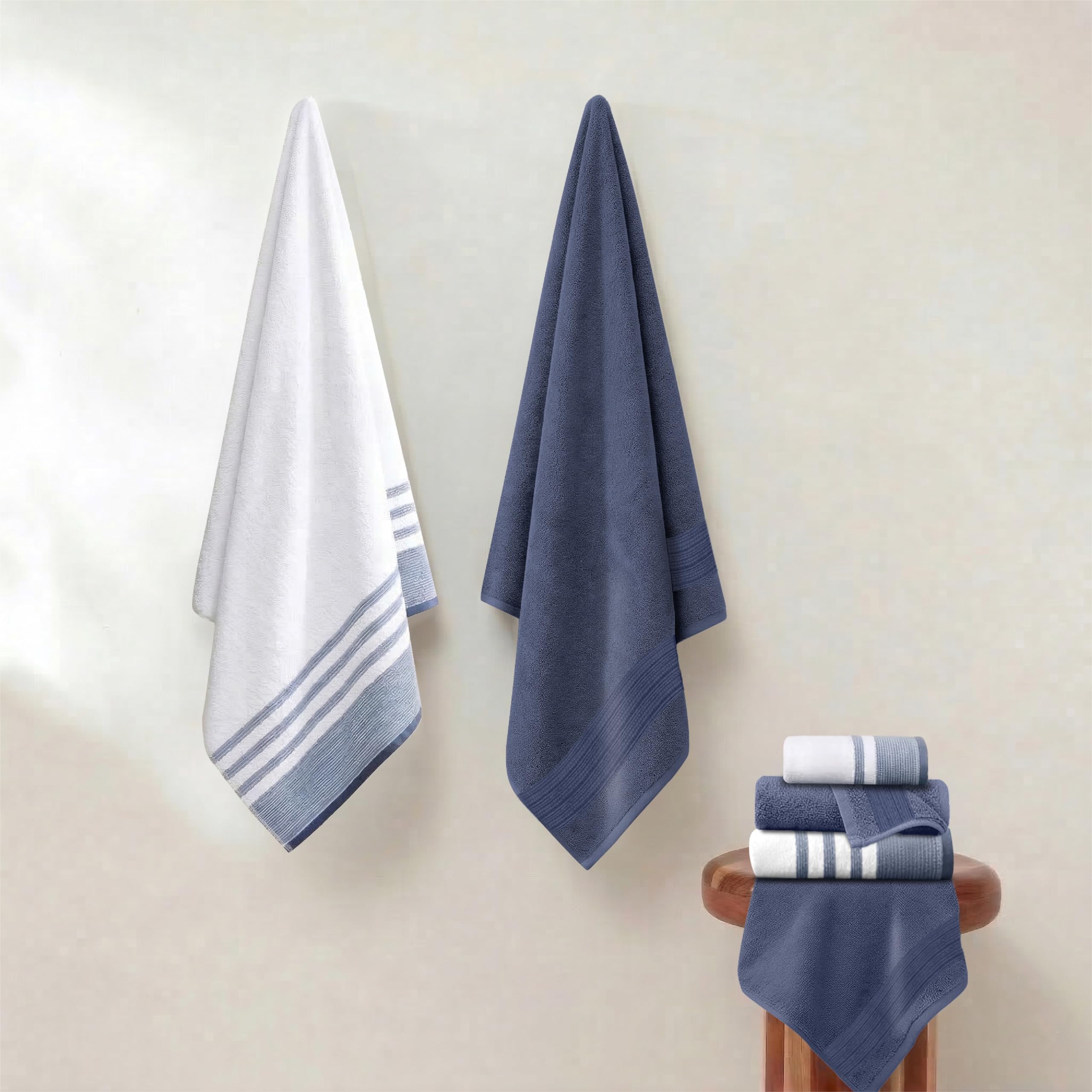 Modern Threads Set 6 Pezzi, 2 Asciugamani Bagno, 2 Asciugamani, 2 Asciugamani, Asciugatura Rapida Bianco/Contrasto Reinhart Denim