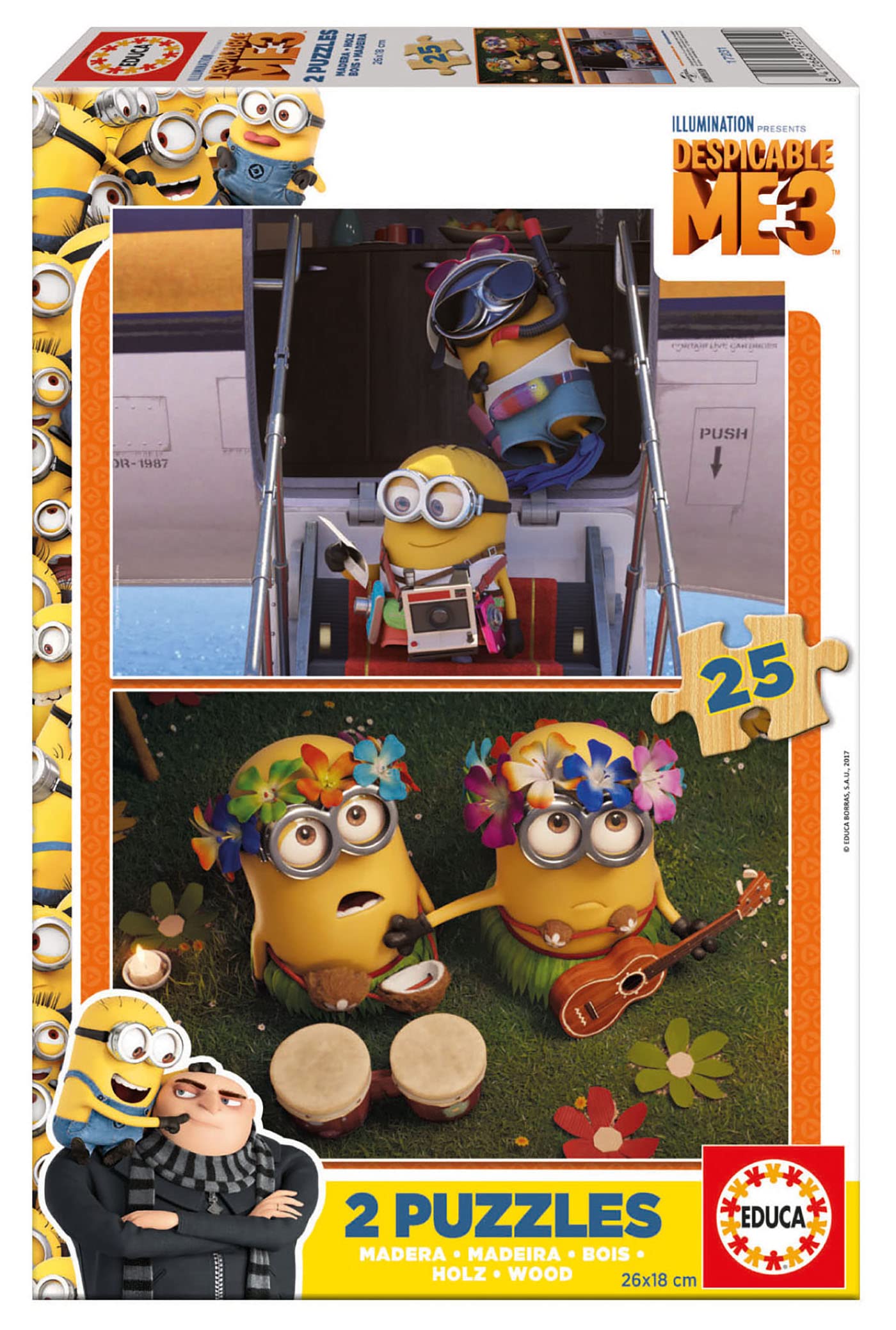 Educa - Despicable Me 3- Despicable Me/Minions Puzzle Madera Doble, 2 x 25 Piezas, 25 Borrás 17231