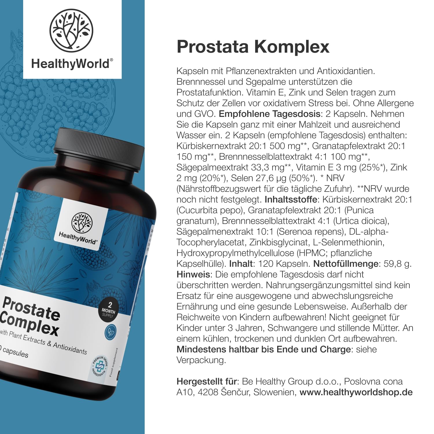 HealthyWorld® Prostata Komplex - Für Männer - 120 pflanzliche Kapseln - Mit Kürbiskernen, Granatapfel, Brennnessel, Sägepalme, Vitamin E, Zink und Selen - Unterstützung der Prostata