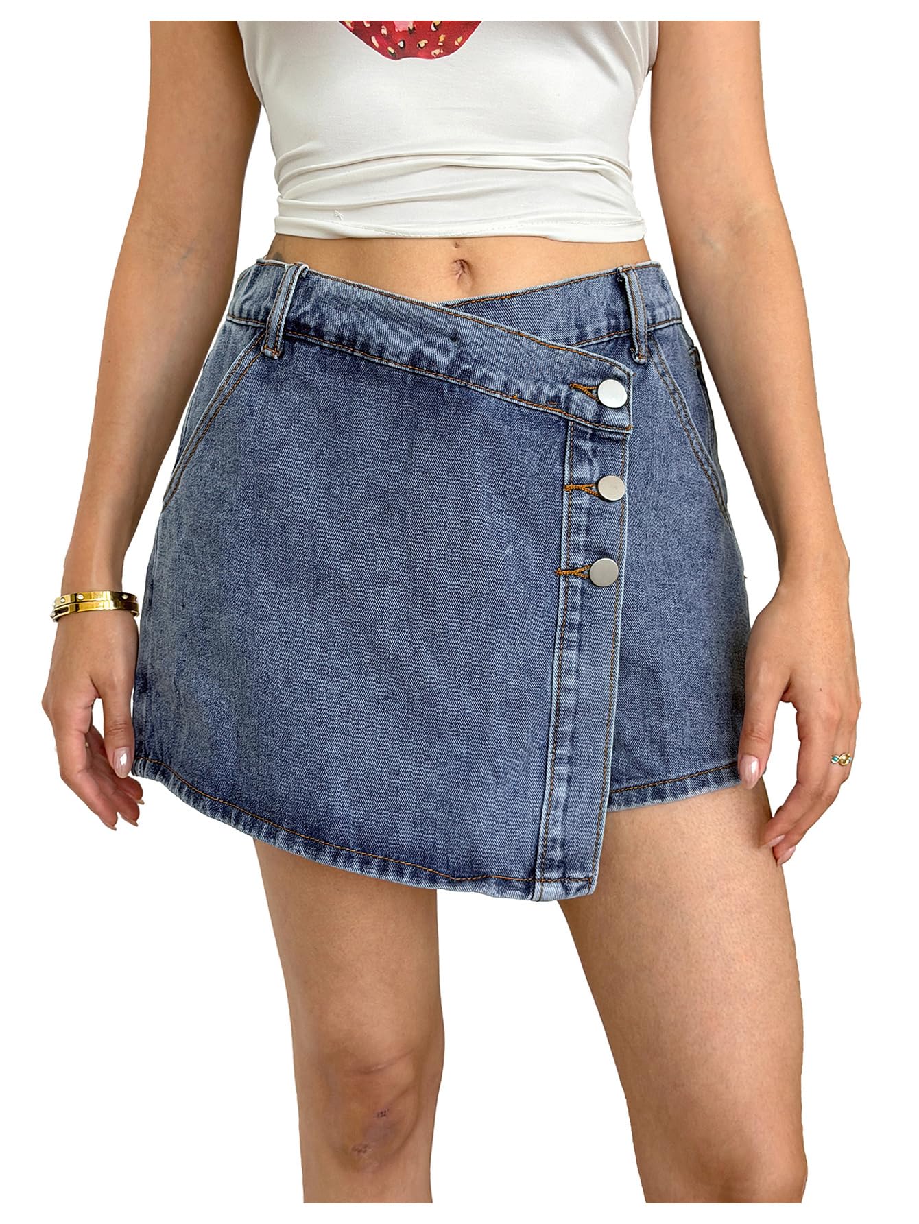 WDIRARA Women's High Waisted Button Front Denim Skort Asymmetrical Hem Skirt Shorts