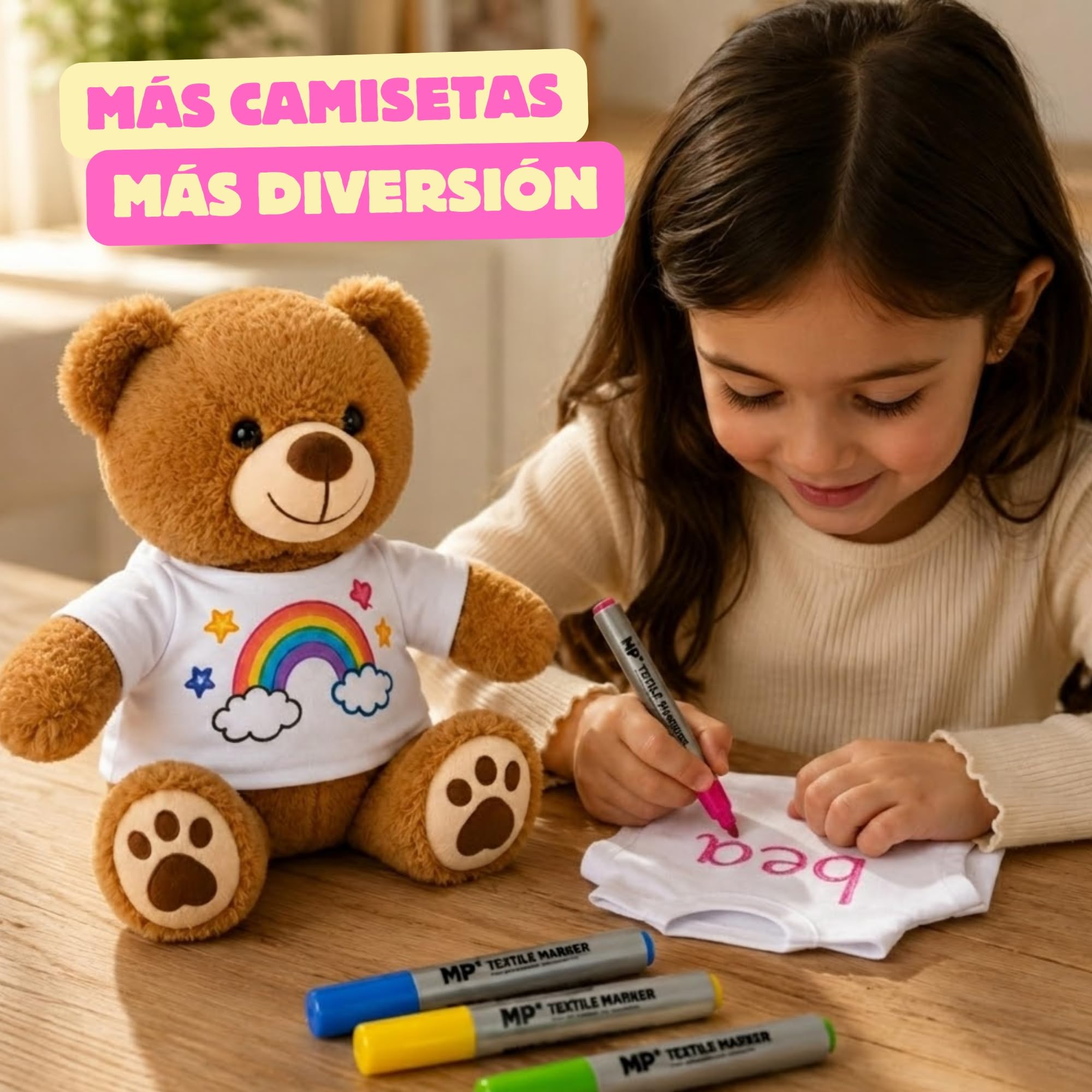 Kit Manualidades Niños Pinta Tu Osito de Peluche Regalo niño 4, 5, 6 años | Incluye Rotuladores y Camisetas de repuesto Juego de Pintar Creativo