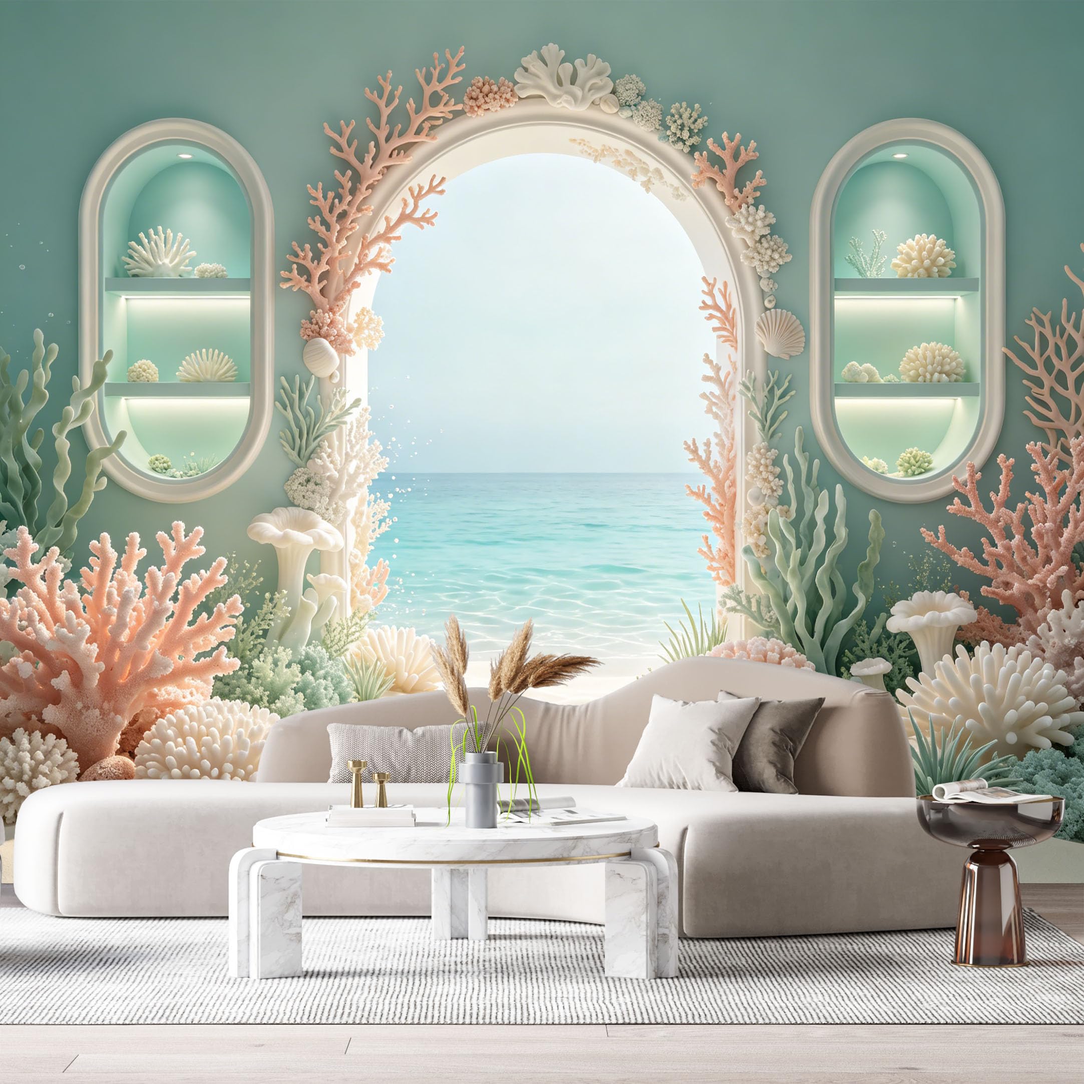 Custom Size Wall Murals Coastal Ocean Marine Coral Reef Beach Arch 3D Trompe L'Oeil SelfAdhesiveWall Fabric Removable Wallpaper Wall Decor for Living Room Bedroom Bathroom