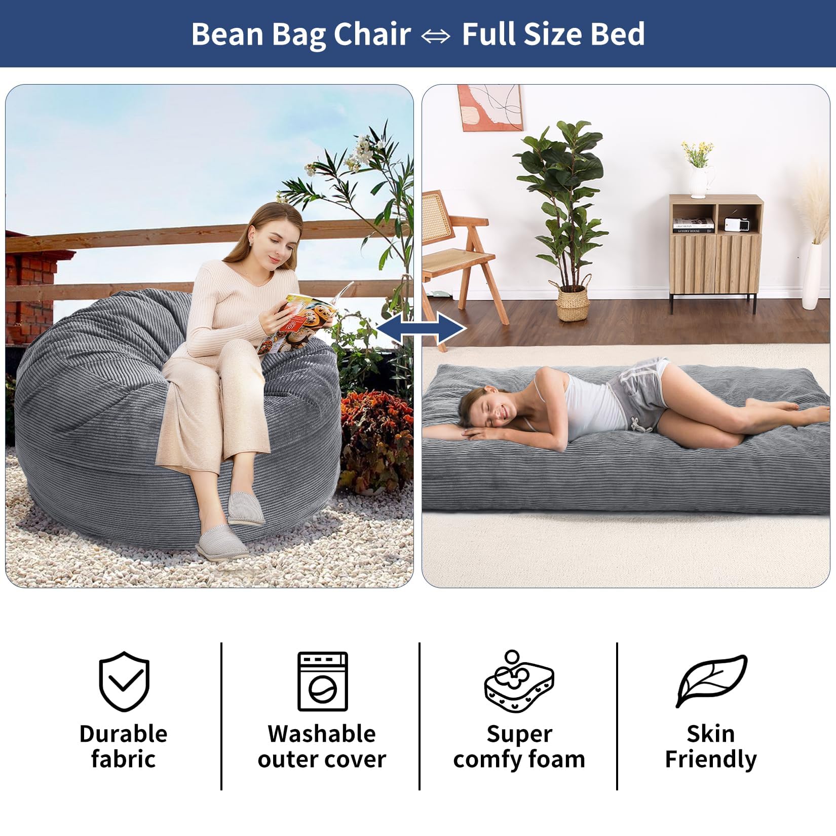 Garvee Sillón Puf Gigante De Pana para Adultos: Sofá Convertible En Colchón, Espuma De Alta Densidad, Funda Extraíble y Lavable