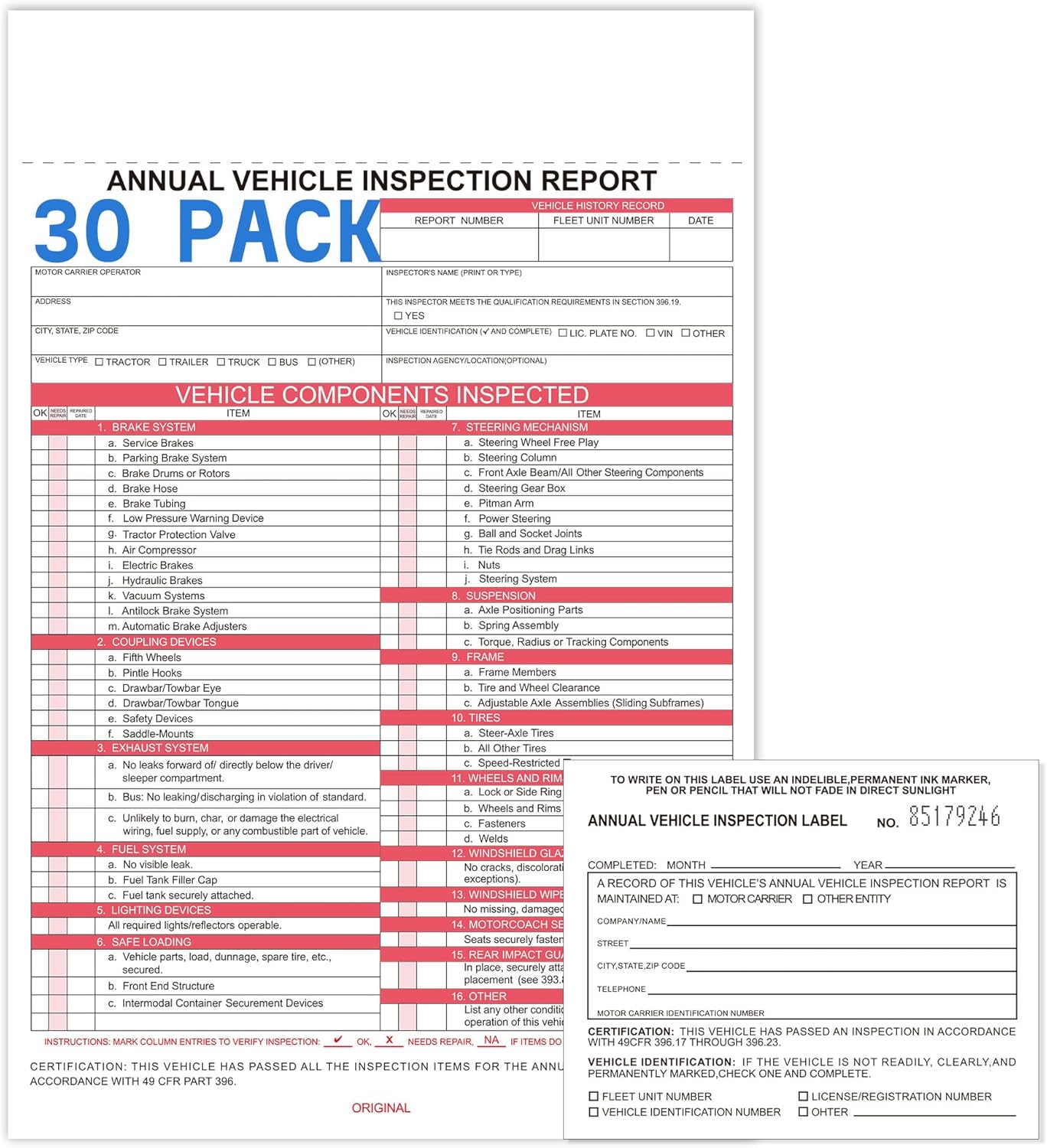 YNXPTBNC 30Pack Annual Vehicle Inspection Report Form