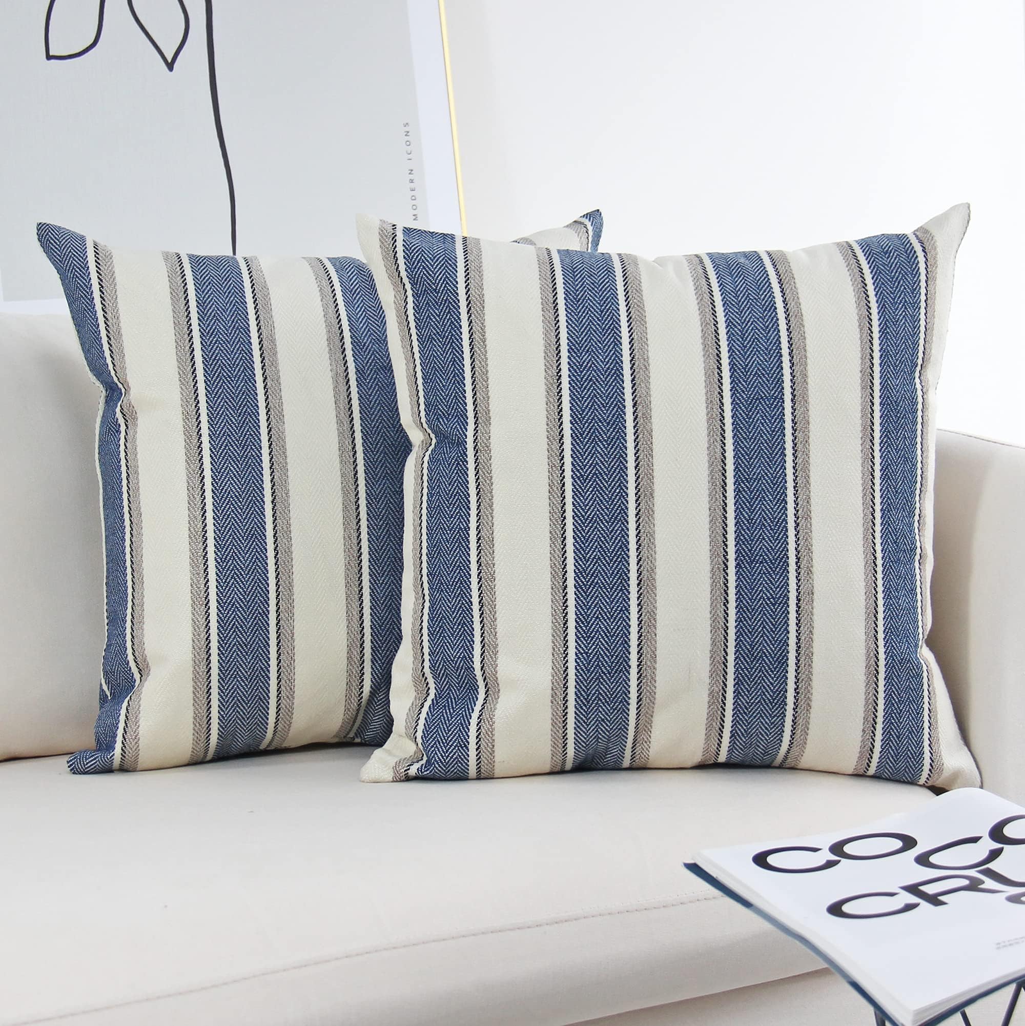 JOJUSIS Stripe Throw Pillow Covers Farmhouse Pillowcases Pack of 2 20 x 20 Inch Blue