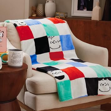 Hallmark Peanuts Gang Checkered Throw Blanket, 50" x 60", Snoopy, Charlie Brown, Linus, Lucy, Peppermint Patty, Pigpen, Sally, Schroeder