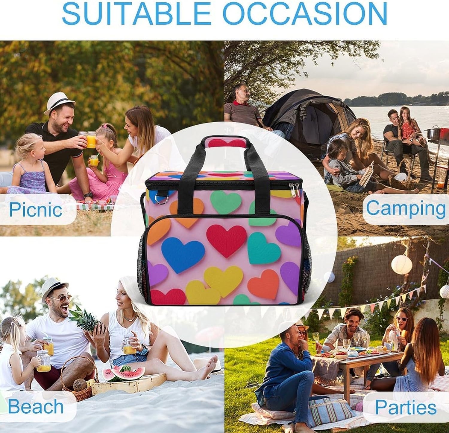 Insulated Picnic Backpack Tote Bag, Large Capacity 30L Colored Love Hearts Cooler Bag Leakproof Beach Bags Portable Lunch Box Waterproof Picnic Basket for Beach Camping BBQ