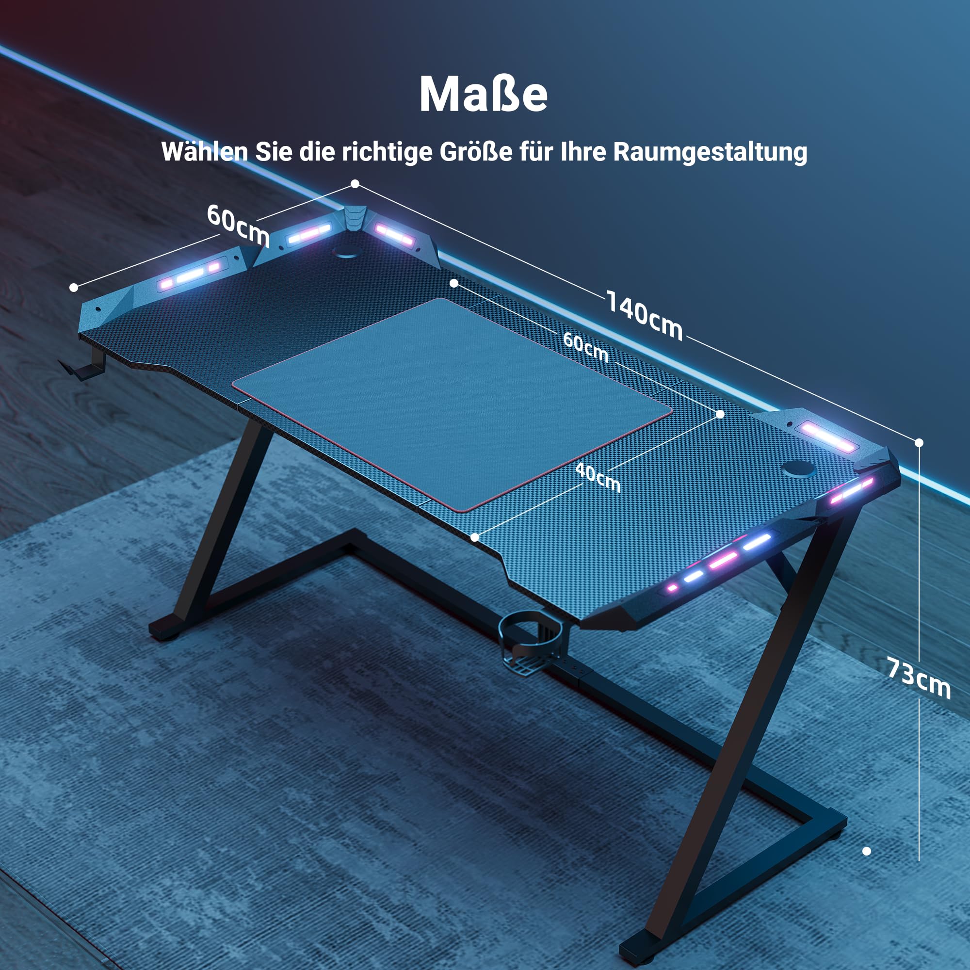 Claiks Gaming Tisch mit LED, 140 x 60 cm Gaming Schreibtisch Z-Frame, Ergonomischer Gamer PC Tisch mit Getränkehalter, Kopfhörerhaken, Stabiler Computertisch, Schwarz
