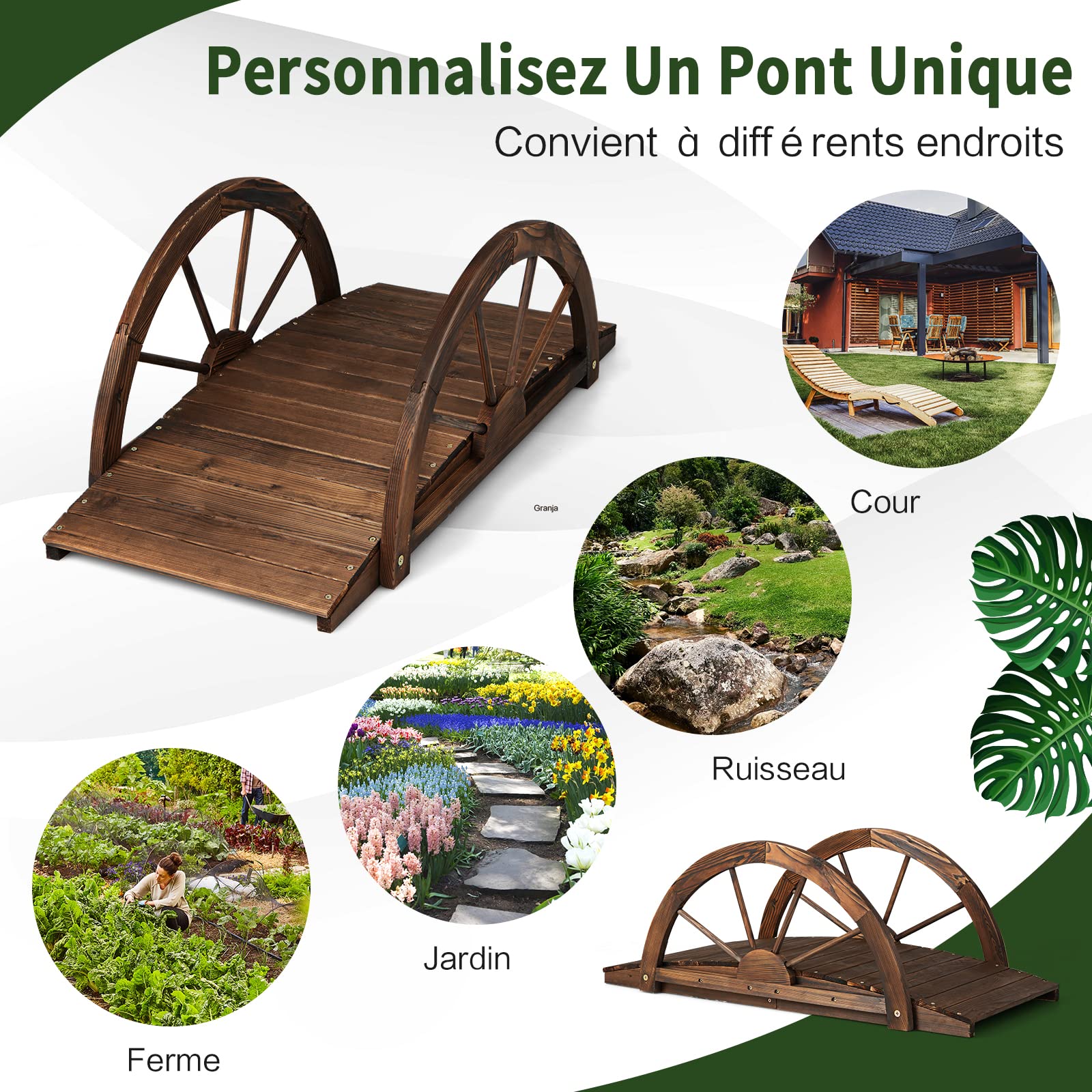 RELAX4LIFE Puente de jardín de Madera con barandilla de Media Rueda de Carga 150 kg, Cubierta de Estanque Resistente, decoración de jardín para Patio Trasero Granja jardín, marrón