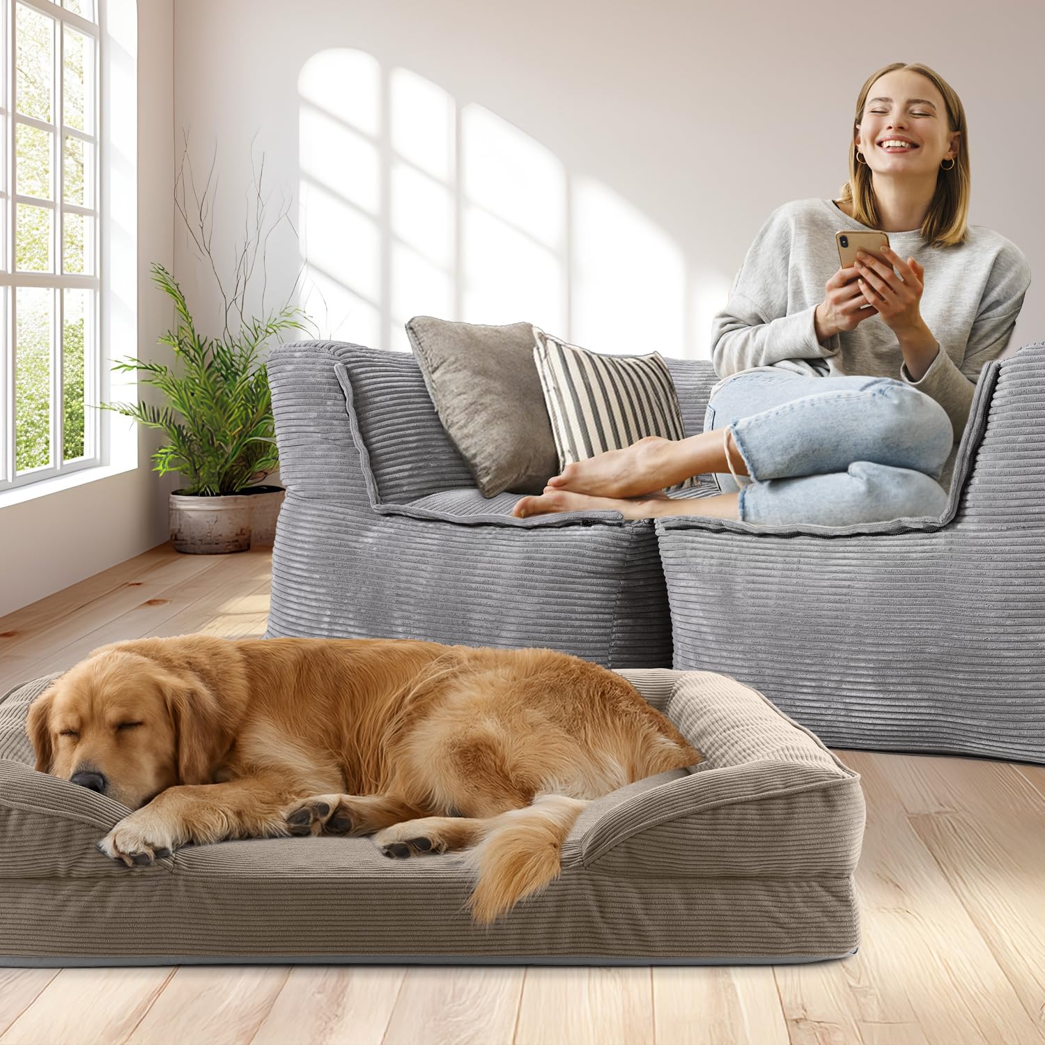 Lumaland Cama ortopédica para Perros de Pana | Sofá ergonómico para Perros Grandes | Base Antideslizante | Relleno y Funda Lavable | Cesta para Perros con Espuma viscoelástica