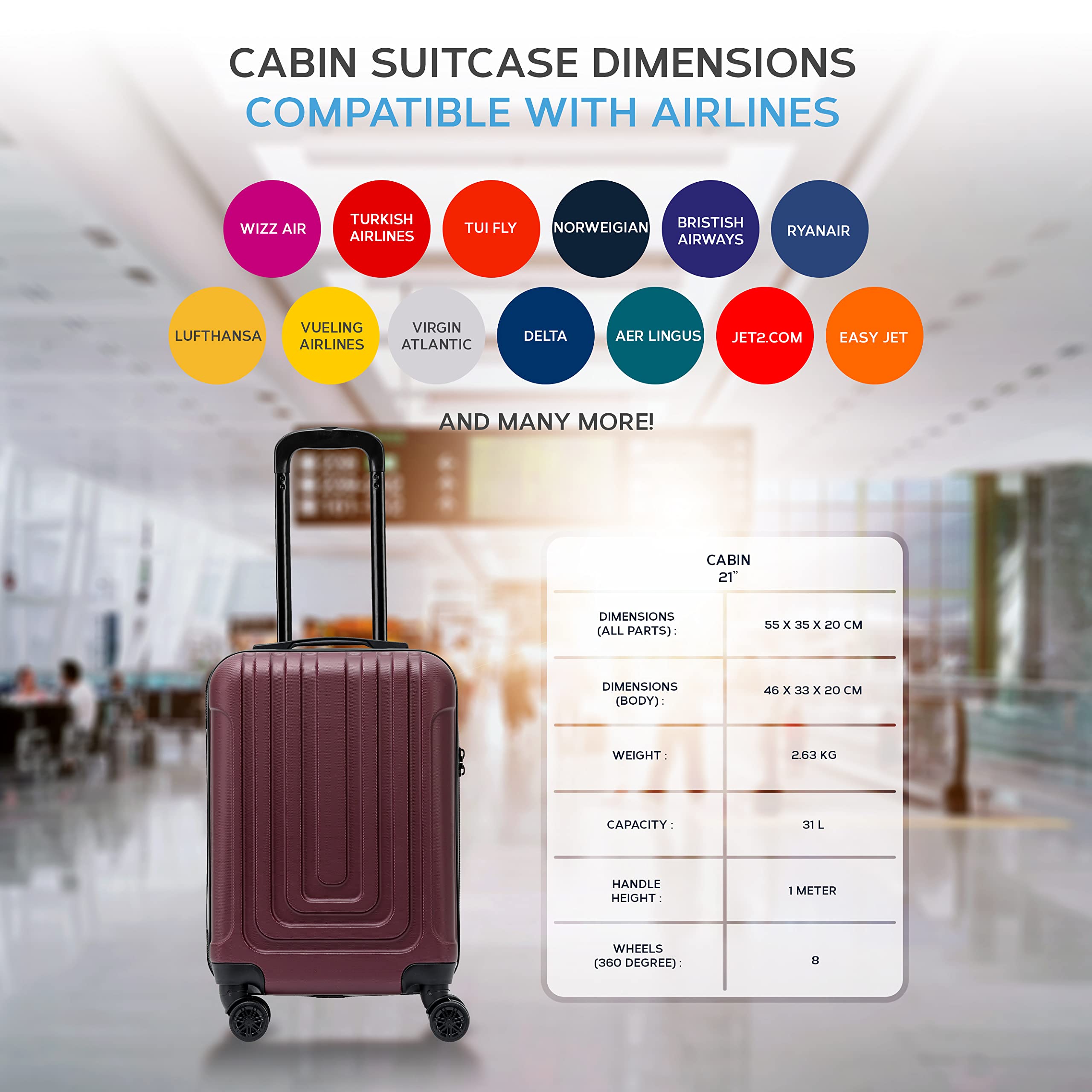 Flight Knight Premium Set of 2 Lightweight Cabin Suitcase - 8 Spinner Wheels - Built-in TSA Lock & USB Port - Luggage Approved for Over 100 Airlines Including easyJet, Ryanair & Jet2-55x35x20cm
