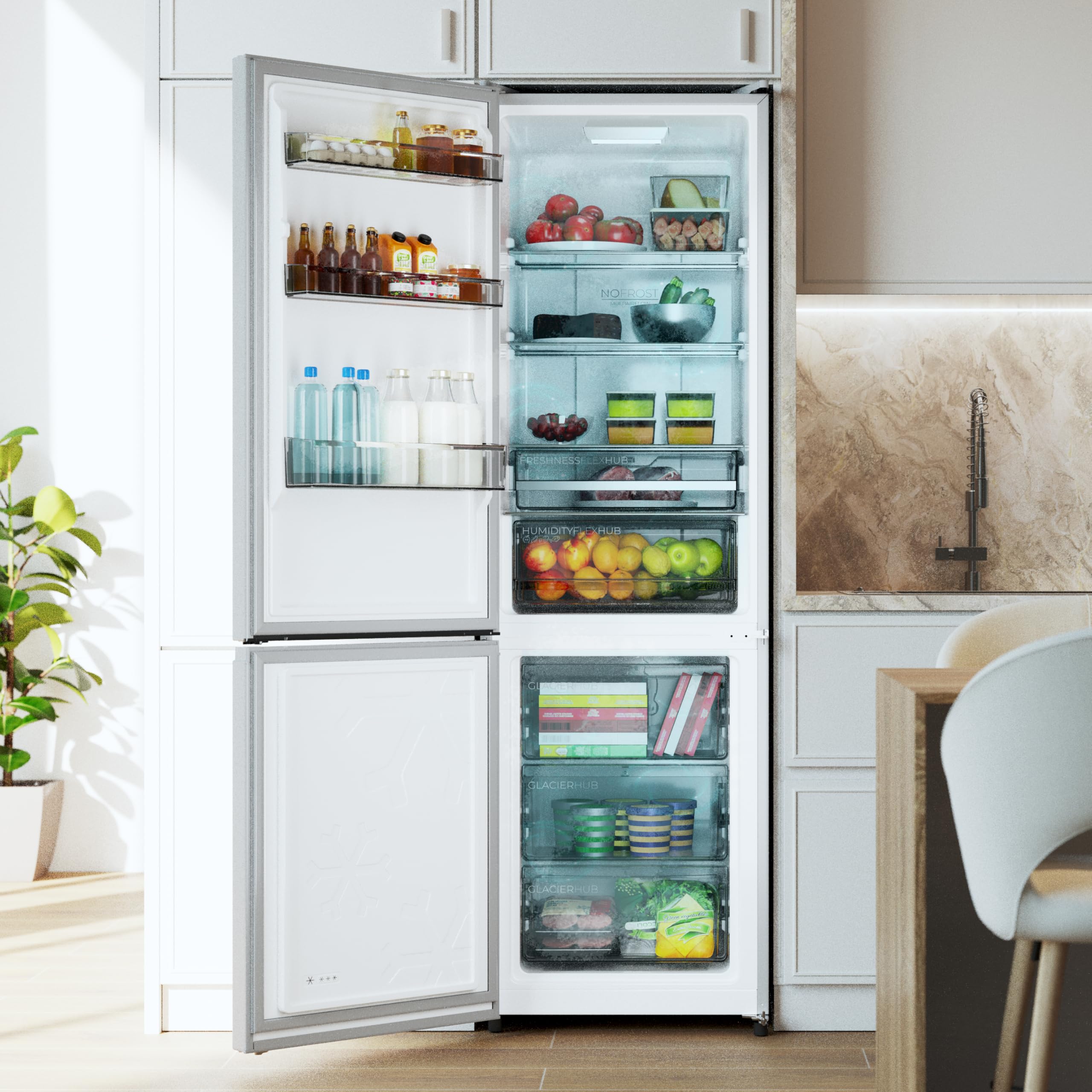 Cecotec Frigorifero Combinato 335L No Frost Bolero CoolMarket Combi 335 Grey E. Altezza 195,3cmx59,5cm Larghezza, Compressore Inverter Plus, Basso Consumo, Ripiani Vetro, Controllo Umidità, Grigio