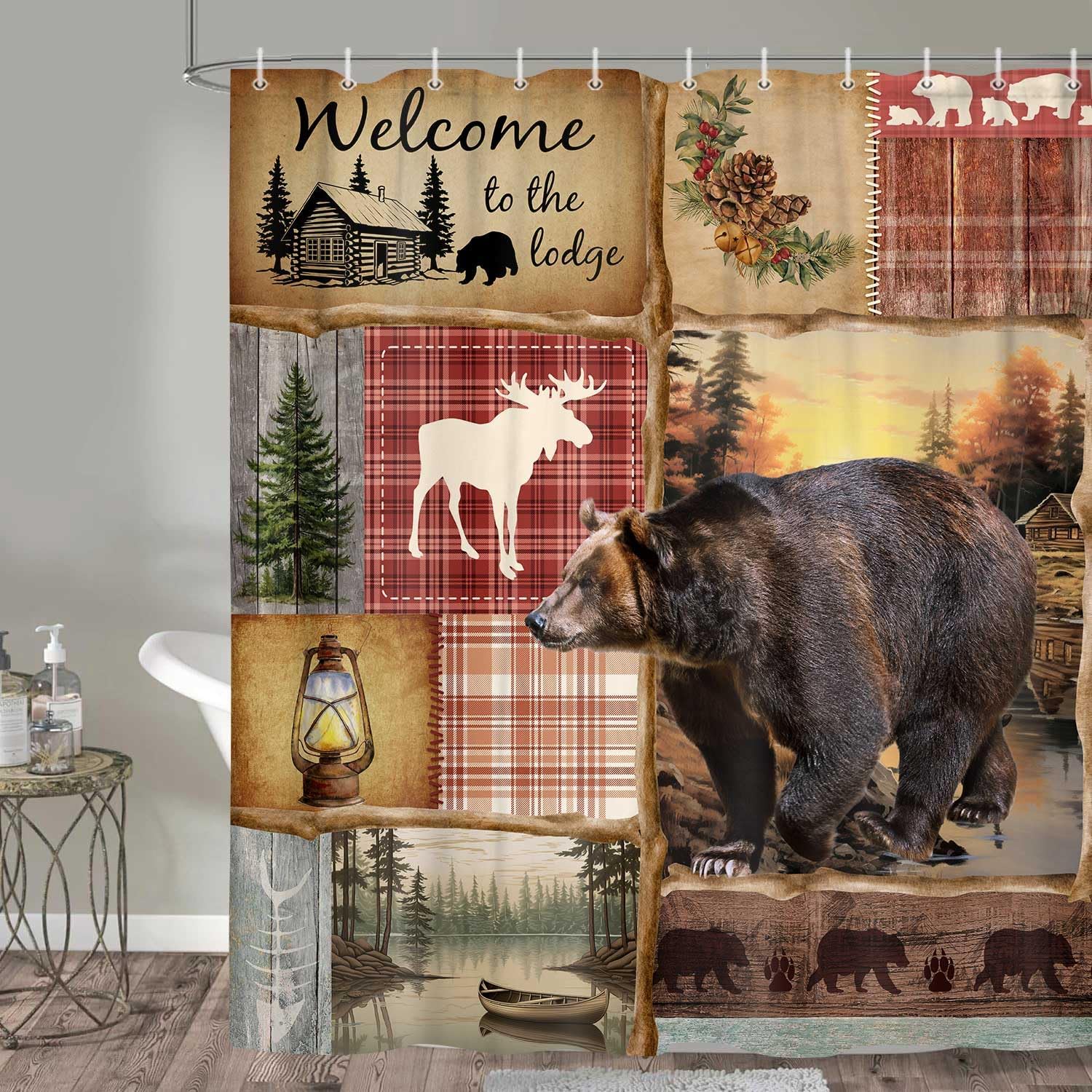 JAWO Rustic Cabin Shower Curtain, Farmhouse Country Antique Bear Moose Forest Vintage Wood Decor Bath Curtain Set，Hunting Camping Fabric Bathroom Shower Curtain, with 12PCS Hooks, 70X75IN