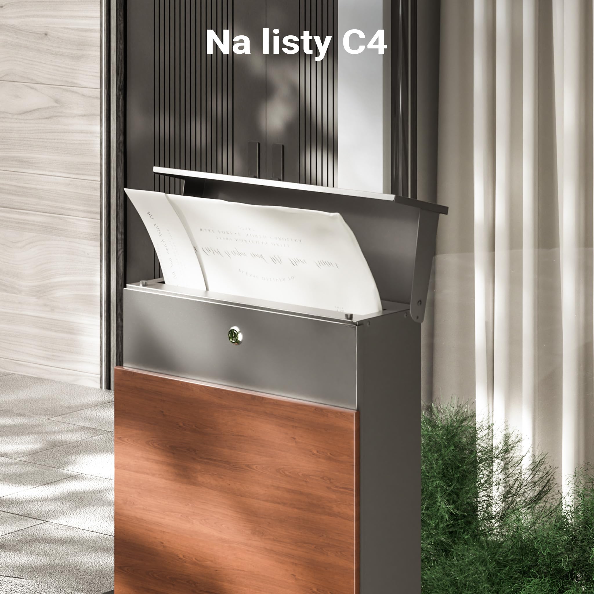 Wiltec Skrzynka pocztowa 395 x 142 x 1150 mm ze stali cynkowanej z drukiem UV imitujący drewno, słup na listy ze schowkiem na gazety, 2 kluczykami i klapą soft close