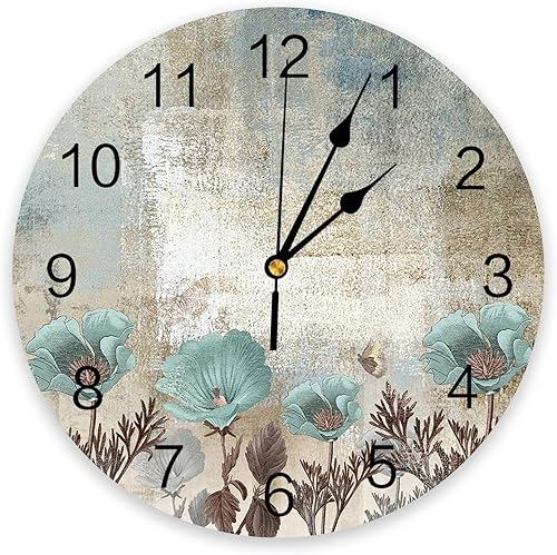 12 Inch Wall Clock Non-Ticking Silent Battery Operated Abstract Art Vintage Texture Teal Flowers Round PVC Wall Clock Decorative for