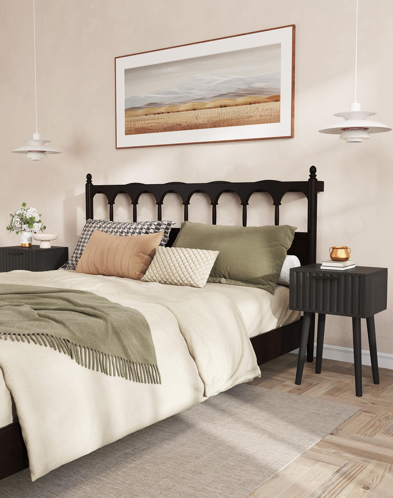 YMYNY Nachttisch 2er Set, Beistelltisch, Nachtschrank, Magnetschublade mit geriffelten Fronten, Massivholz Beinen, Modern, Couchtisch für Schlafzimmer Wohnzimmer, Schwarz HST014B-2