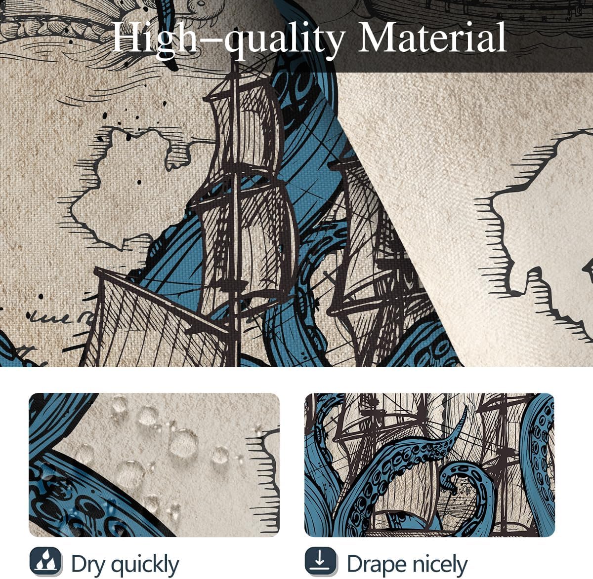 Coxila Vintage Octopus Shower Curtain Extra Long XL Large Nautical Retro Fun Funny Kraken Monster Ocean Sea Anime Pirate Cool Horror Sailboat Map Men Unique 72 x 84 Inch Polyester Fabric 12 Pack Hooks