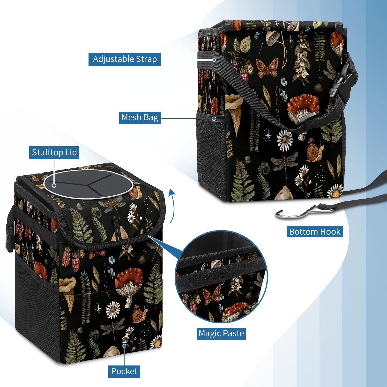 Poubelle de voiture avec couvercle, motif champignons botaniques vintage, pliable, réutilisable, étanche, sac de garage à suspendre, accessoires de voiture à suspendre, organisateur