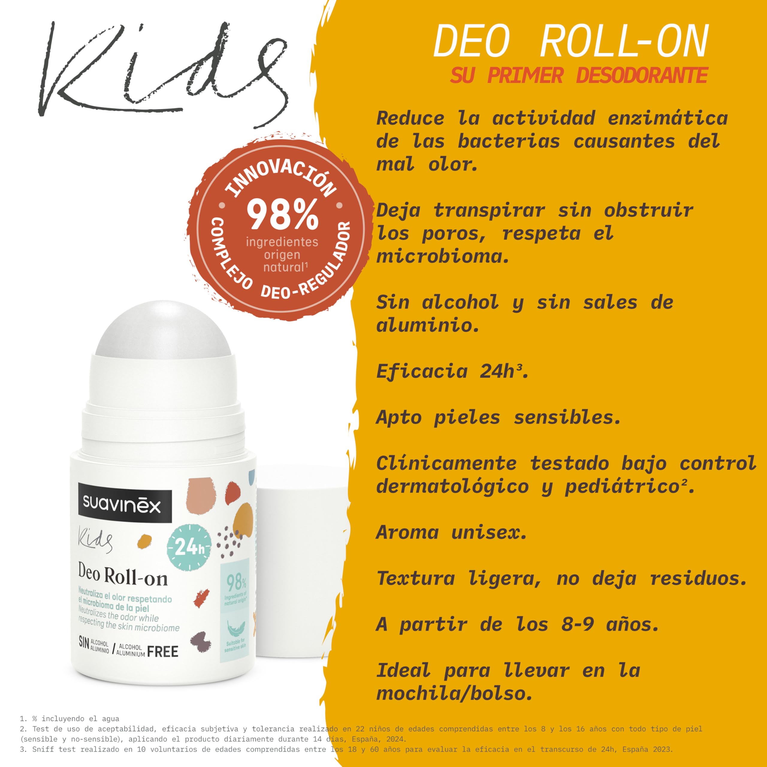 Suavinex, Desodorante para Niños y Niñas, Formato Roll On, Sin Alcohol, Sin Aluminio, Apto Pieles Sensibles, Clínicamente Testado, Eficacia 24h, 98% Ingredientes Origen Natural, Unisex, +8 Años, 50 ml — view 4