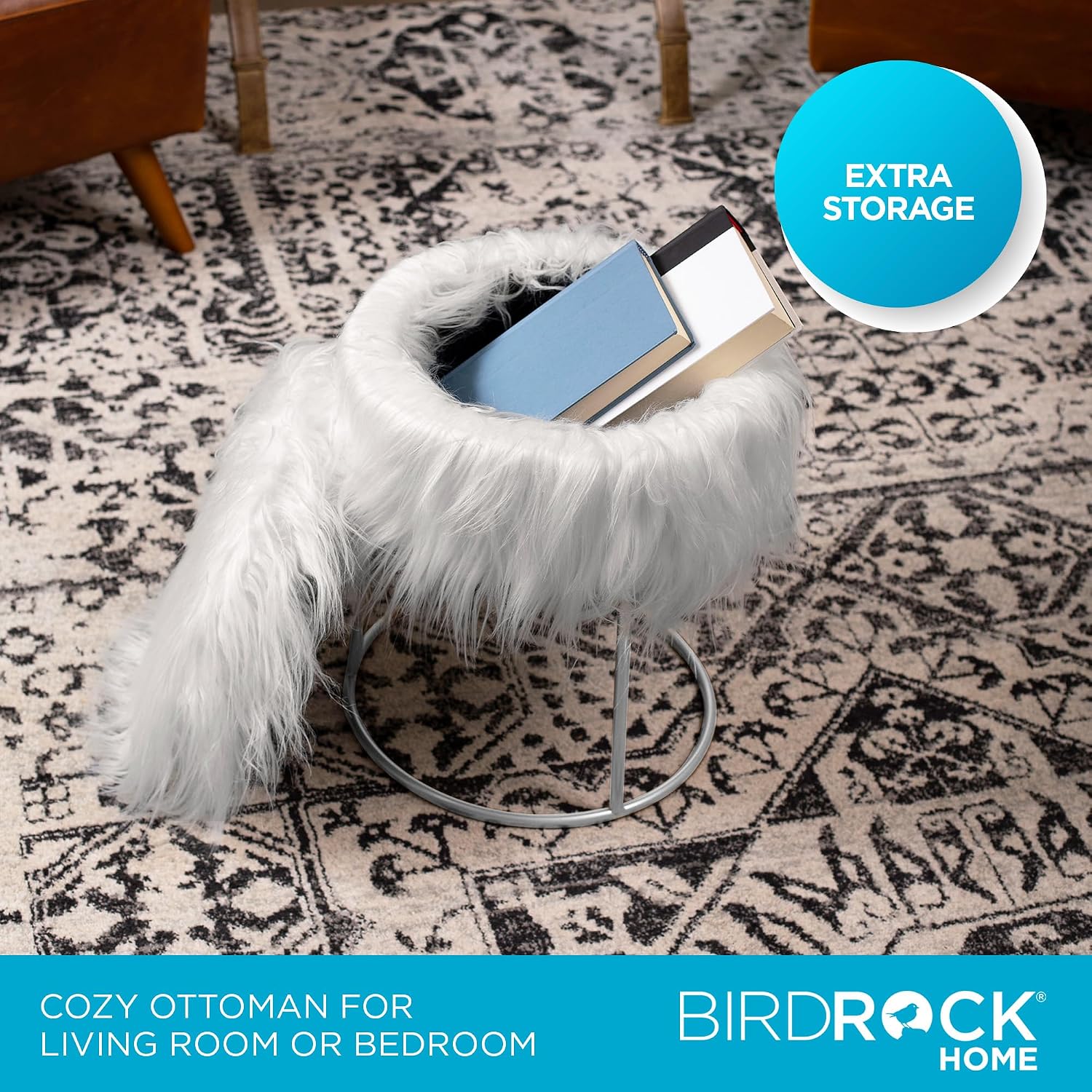 BIRDROCK HOME Round Faux Fur Vanity Stool Ottoman - Small Fluffy Makeup Chair or Footrest with Soft Padded Seat, Storage and Metal Legs for Bedroom, Vanity or Closet (Grey/Silver)