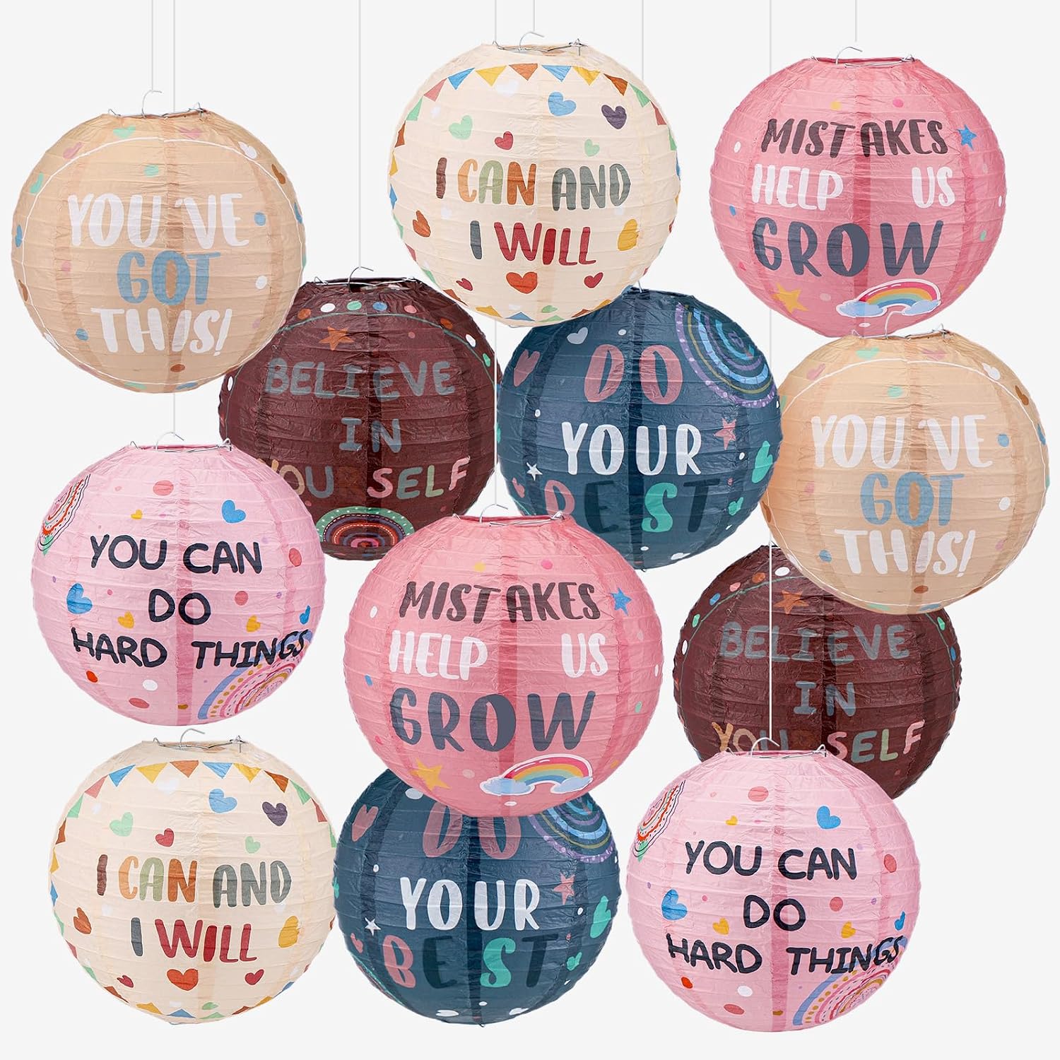 Gerrii 12 Pcs 8 Inch Boho Hanging Paper Lanterns Decoration | 6 Inspirational Designs Retro Inspirational Classroom Ceiling Decor Colorful Teacher Supplies for Back to School Decorations