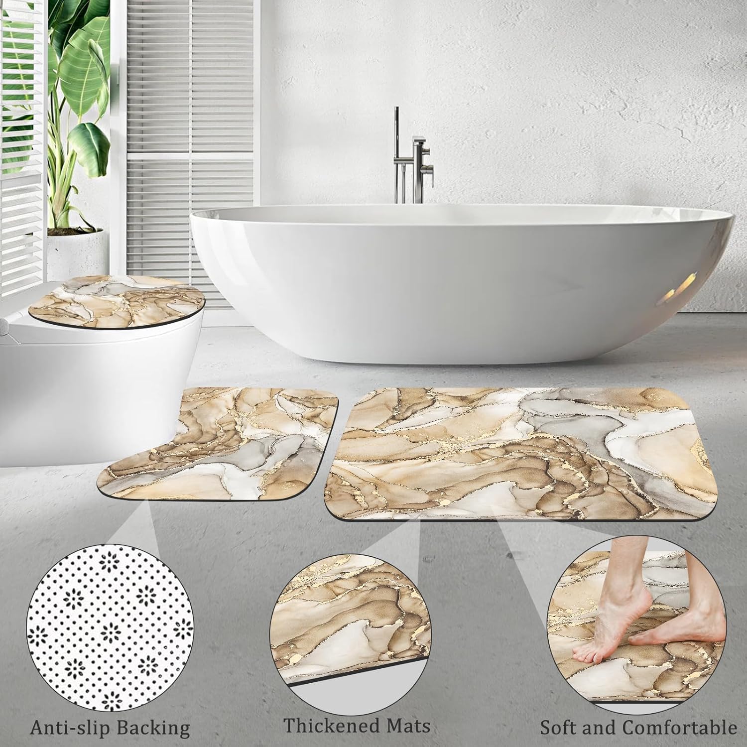 4PCS Beige Marble Bathroom Sets with Shower Curtain and Rugs, Abstract Shower Curtain Sets with Rugs for Bathroom Decor, Bathroom Curtains Shower Set with Toilet Lid Cover Accessories