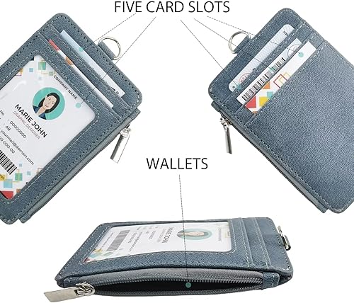 Miniatura 4 de Soporte para tarjetas de identificación negro con cordón, soporte vertical de piel sintética para tarjetas de identificación con 1 ventana de Negro