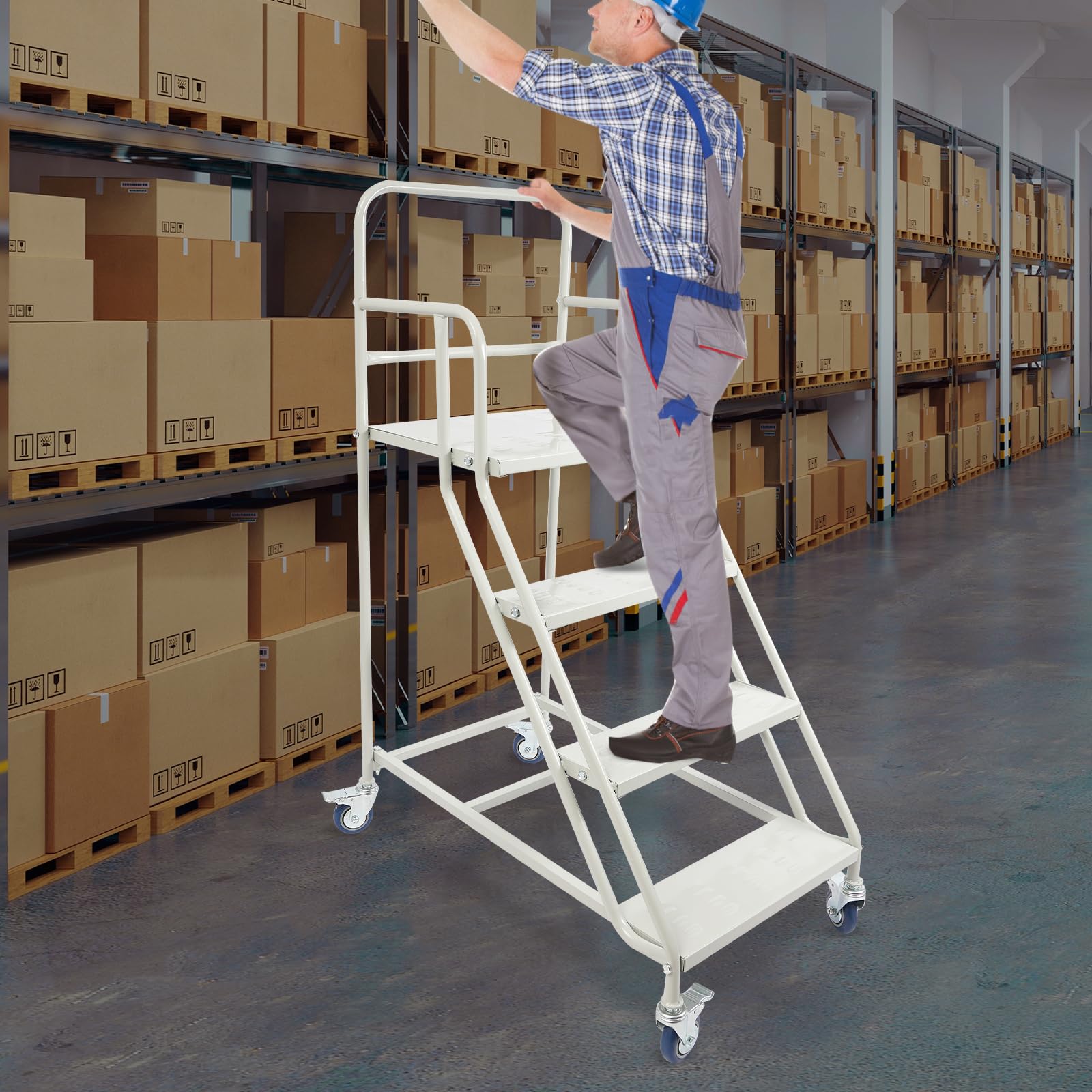 Escalera mecánica de 4 peldaños, 60 x 100 x 100 cm, escalera de seguridad, 4 peldaños, con ruedas y frenos, soporta hasta 400 kg, acero laminado en frío, escalera de almacenamiento de cuatro niveles