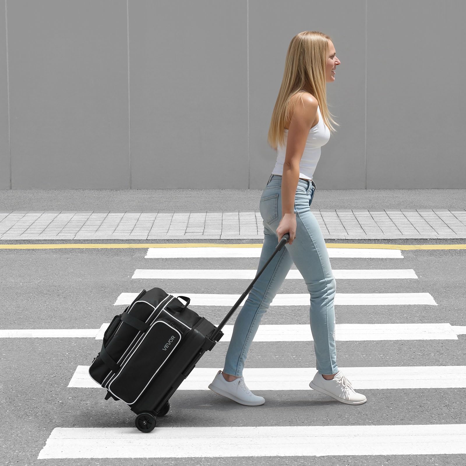 VEVOR Sac de Bowling à roulettes, Valise de Transport pour 2 Boules, avec Compartiment pour Chaussures, Poche pour Accessoires Surdimensionnée et Poignée Rétractable Extensible, Noir et Blanc